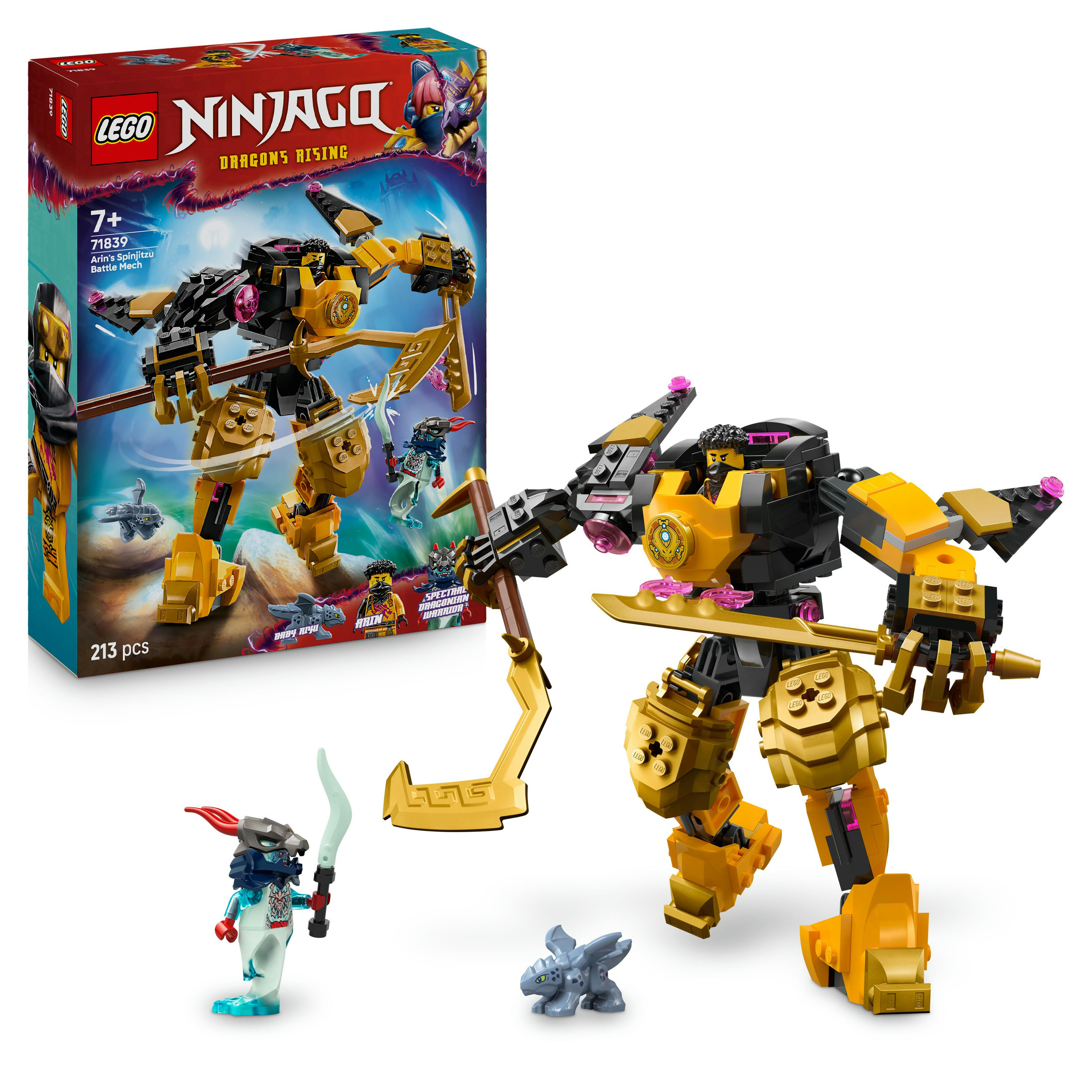 Zestaw Lego Ninjago z złotym mechem, minifigurką i pudełkiem ze zdjęciem zestawu. Białe tło.