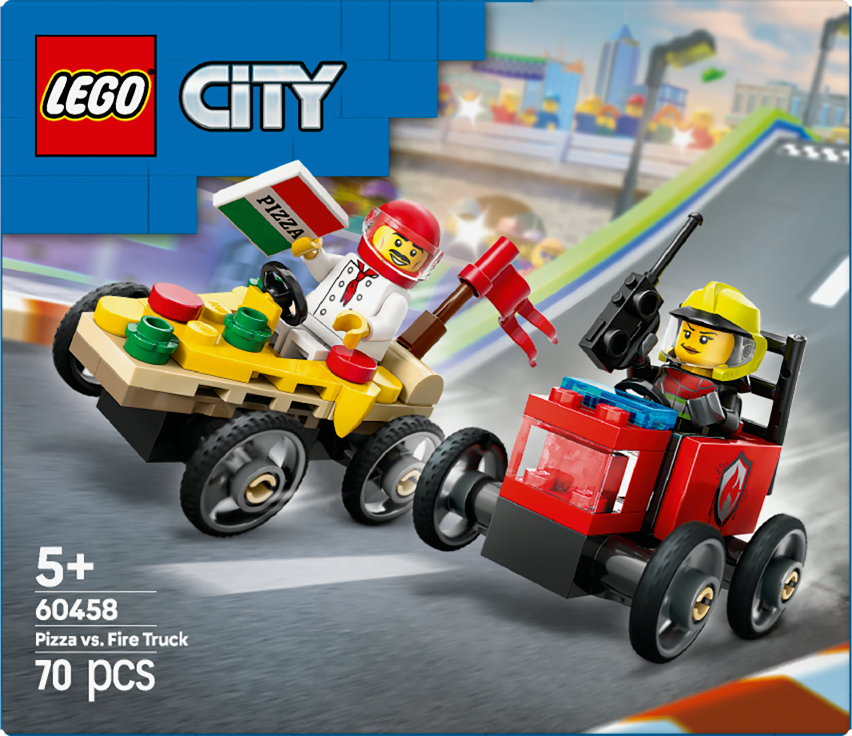 Set Lego City: Coche de pizza compite contra un camión de bomberos. El coche de pizza tiene un chef, el camión de bomberos un bombero.