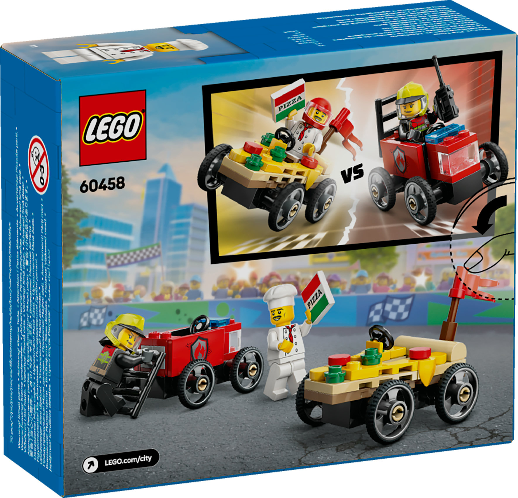 Caja de Lego que representa una carrera de autos de pizza. Incluye figuras de Lego, autos y una bandera con pizza. El fondo muestra una ciudad.