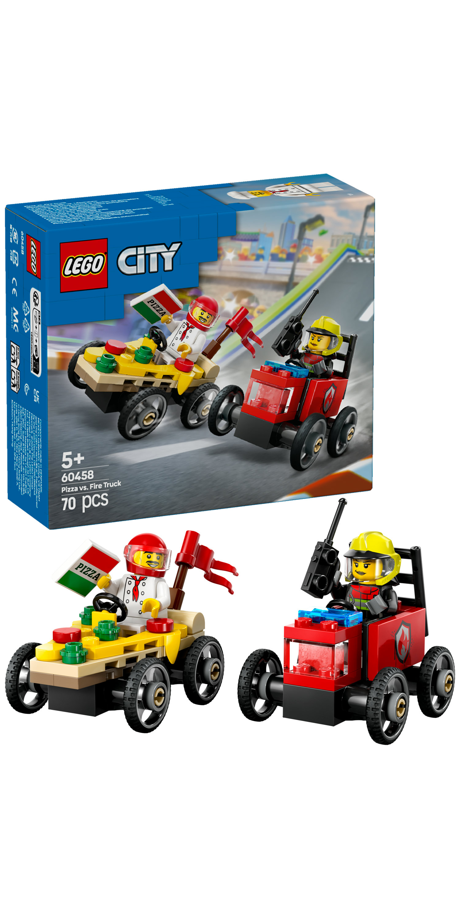 Set LEGO City. Coche de pizza compitiendo contra un camión de bomberos. Dos minifiguras conduciendo vehículos de juguete.