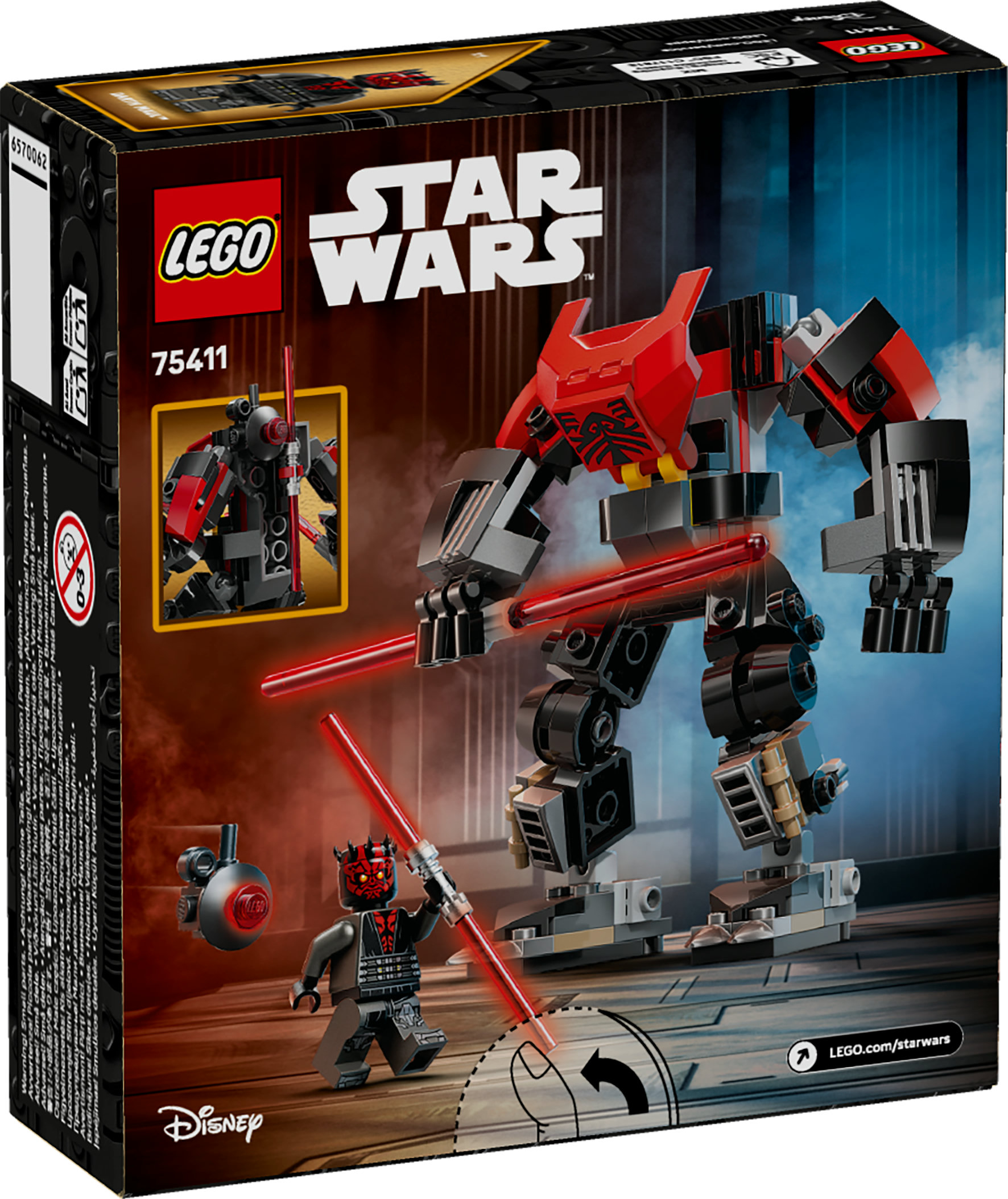 Scatola Lego Star Wars. Vengono mostrati un mech rosso e nero e la minifigure di Darth Maul con spade laser.