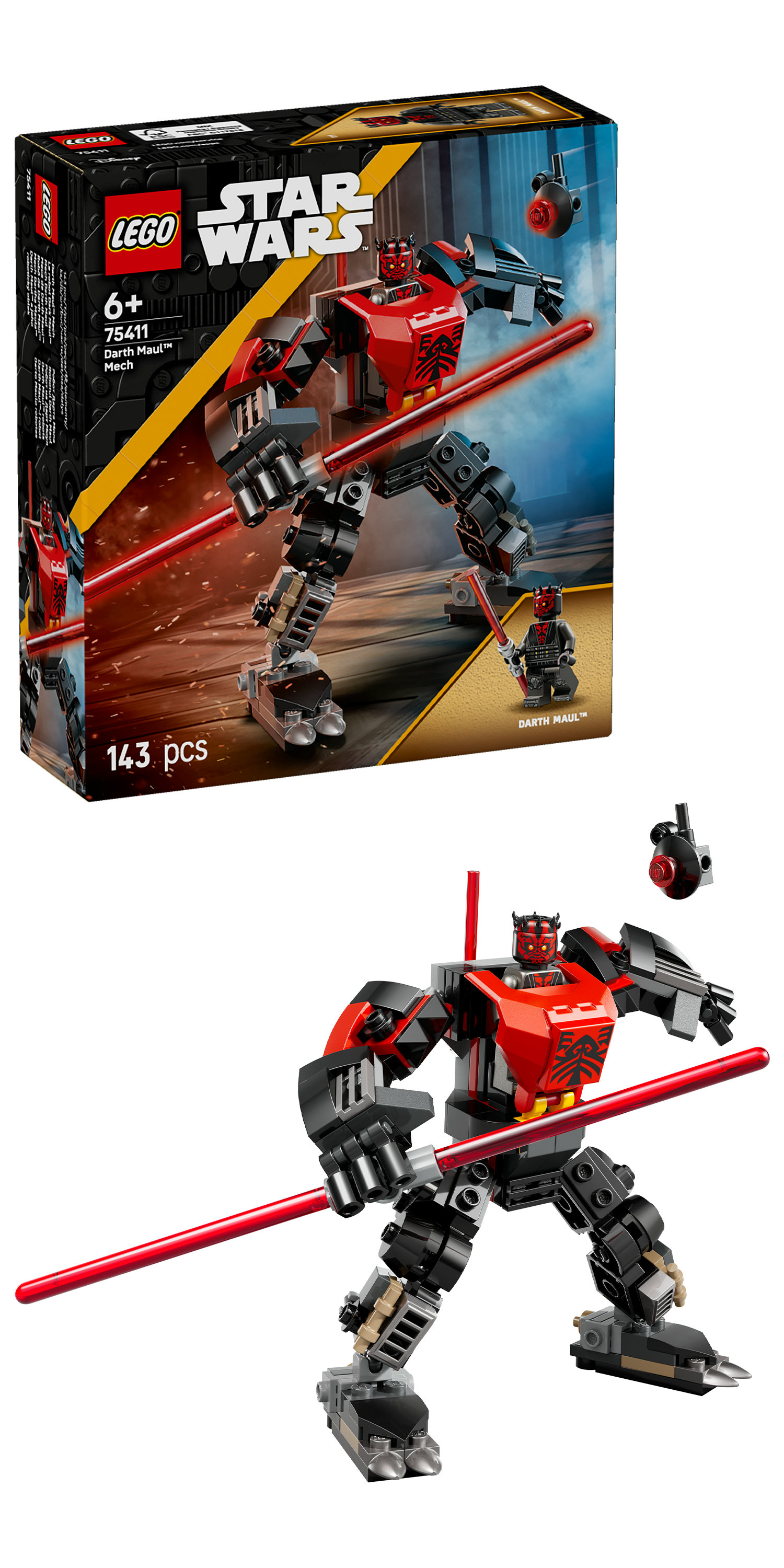 Un set Lego Star Wars con un mech Darth Maul. Il mech è rosso e nero, con una spada laser rossa. La scatola è sullo sfondo.