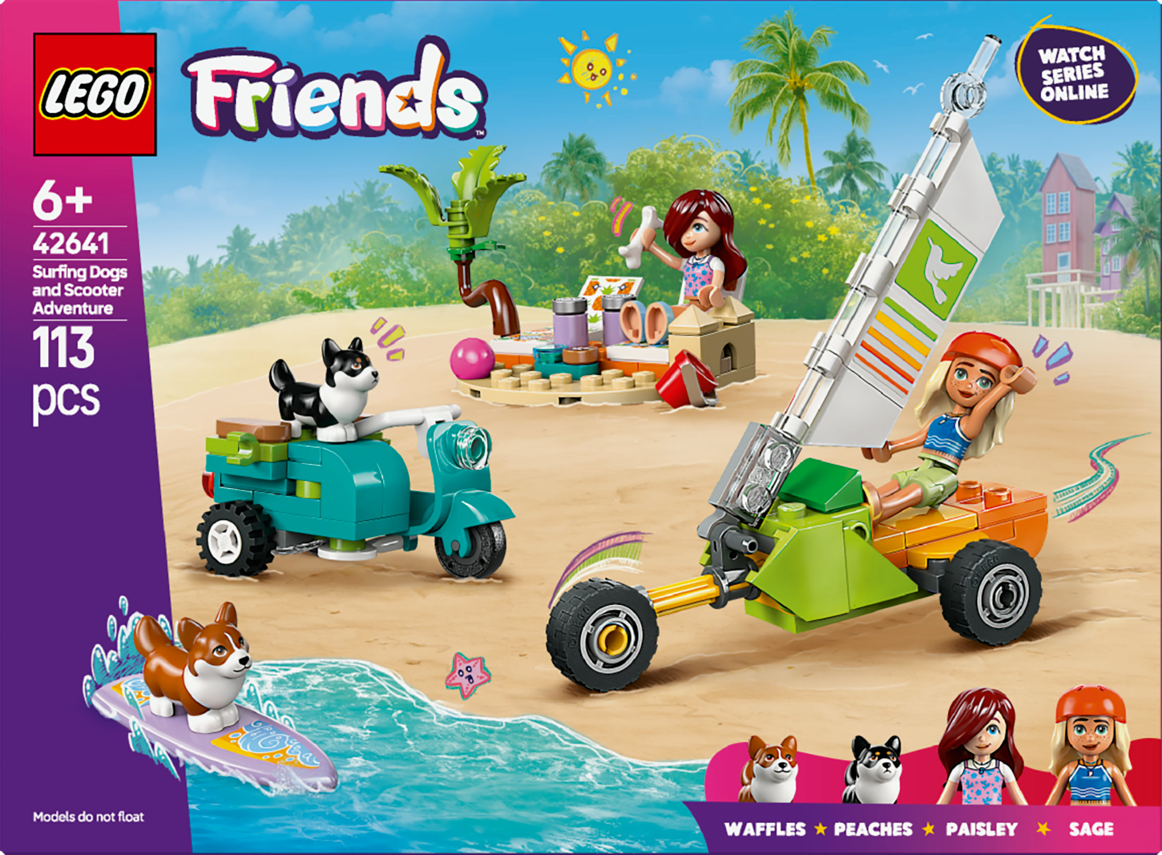 Zestaw LEGO Friends z surfującymi psami, skuterem i pojazdem wiatrowym. Zawiera minifigurki i scenę plażową z palmami.