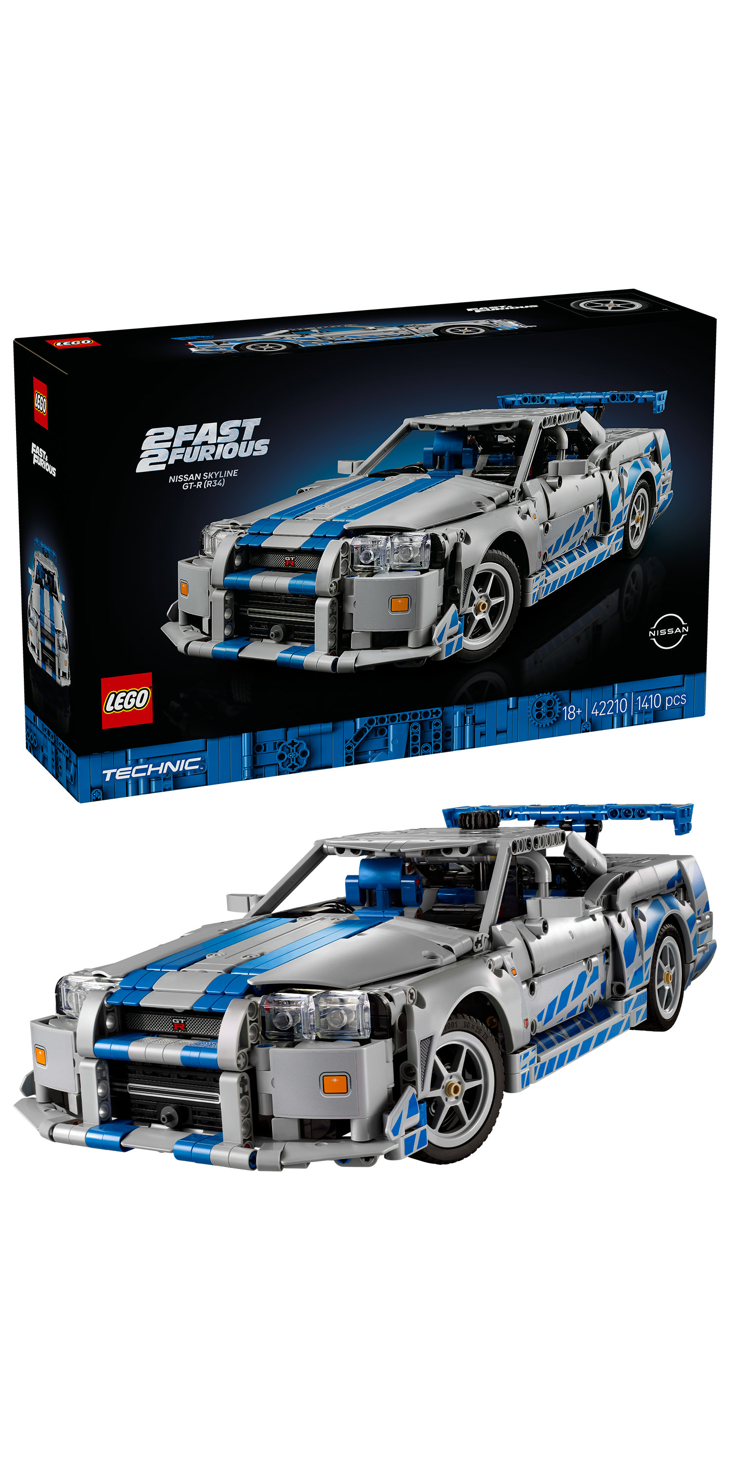 Zestaw Lego Technic srebrnego Nissana Skyline GT-R (R34) z niebieskimi akcentami, pokazany z pudełkiem.