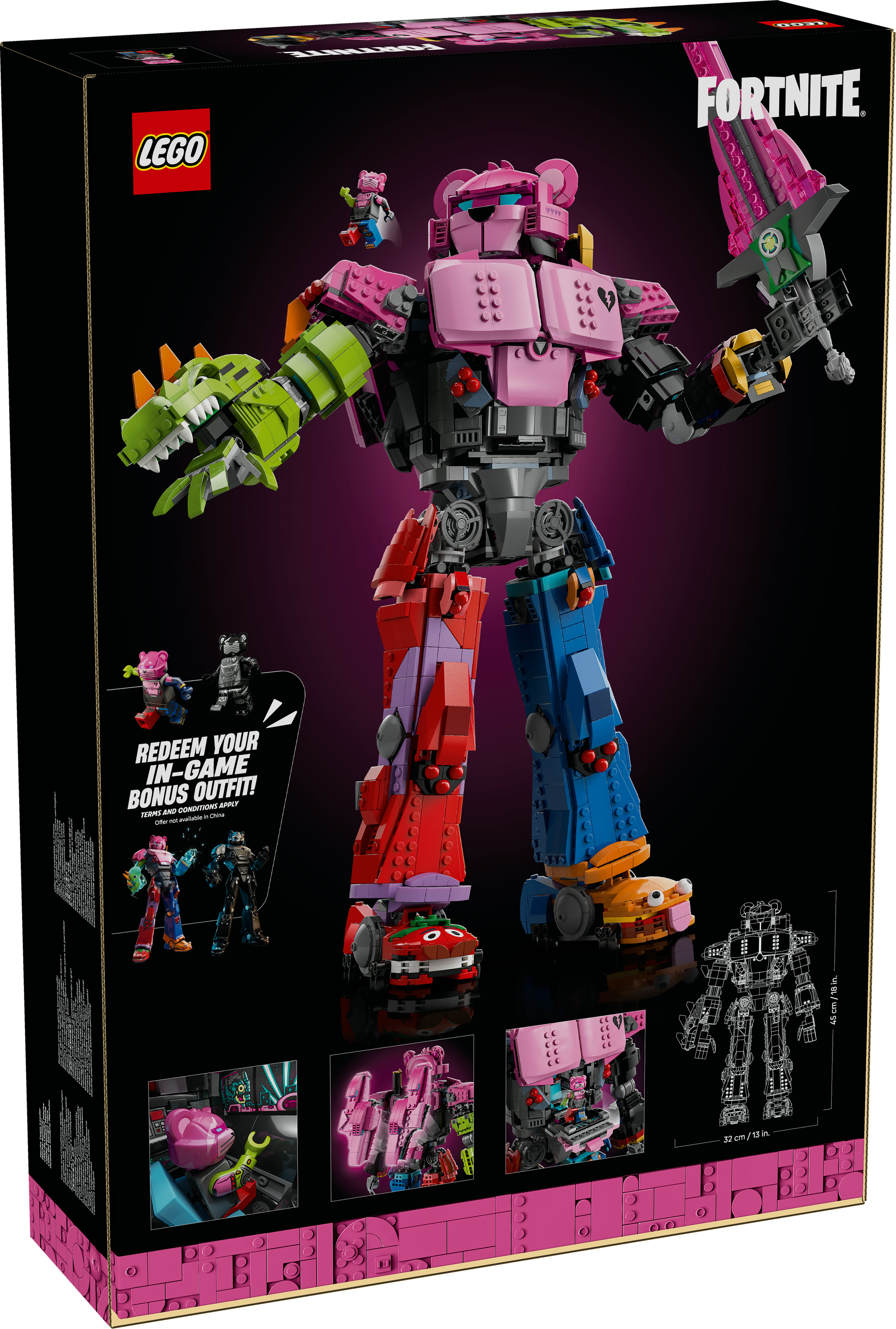 Pudełko zestawu Lego Fortnite. Różowy robot z zieloną ręką smoka i różowym mieczem. Zawiera promocję bonusowego stroju.
