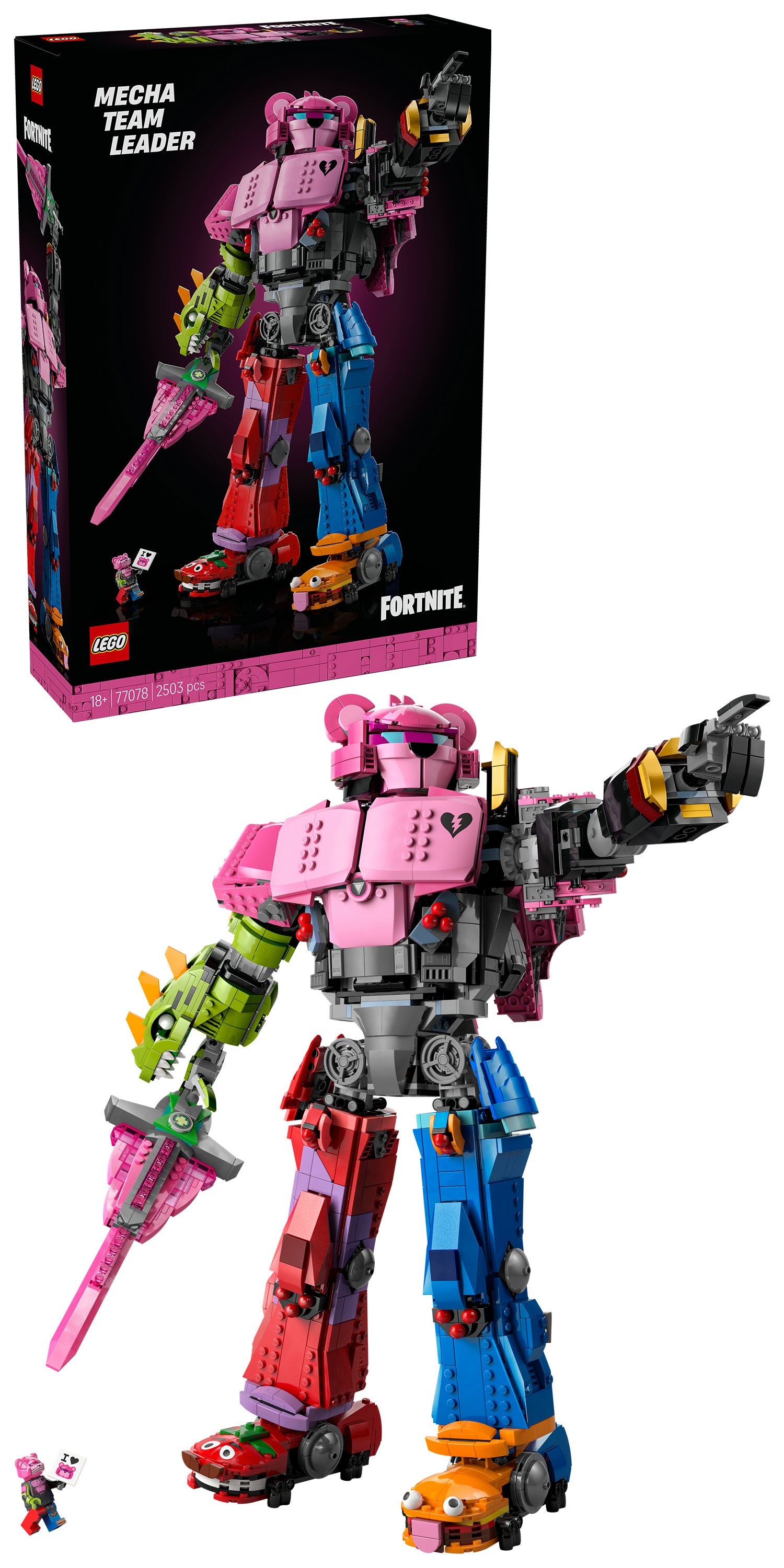 Zestaw Lego Fortnite Mecha Team Leader. Duży robot z kolorowych klocków, z różową głową niedźwiedzia i mieczem.