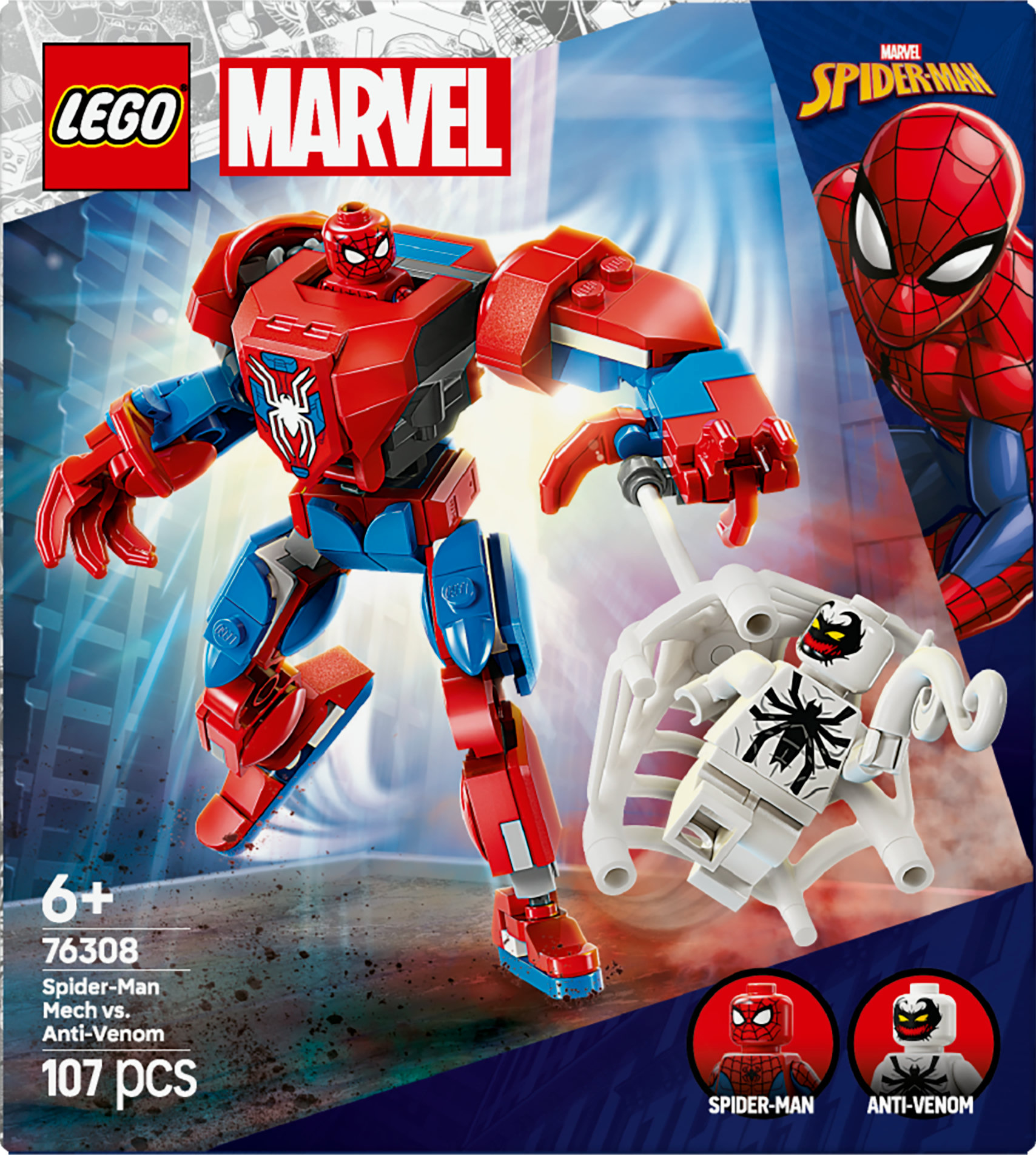 Zestaw LEGO przedstawia mecha Spider-Mana walczącego z Anti-Venomem. Mech jest czerwono-niebieski, Anti-Venom biało-czarny. Tło jest niebieskie.