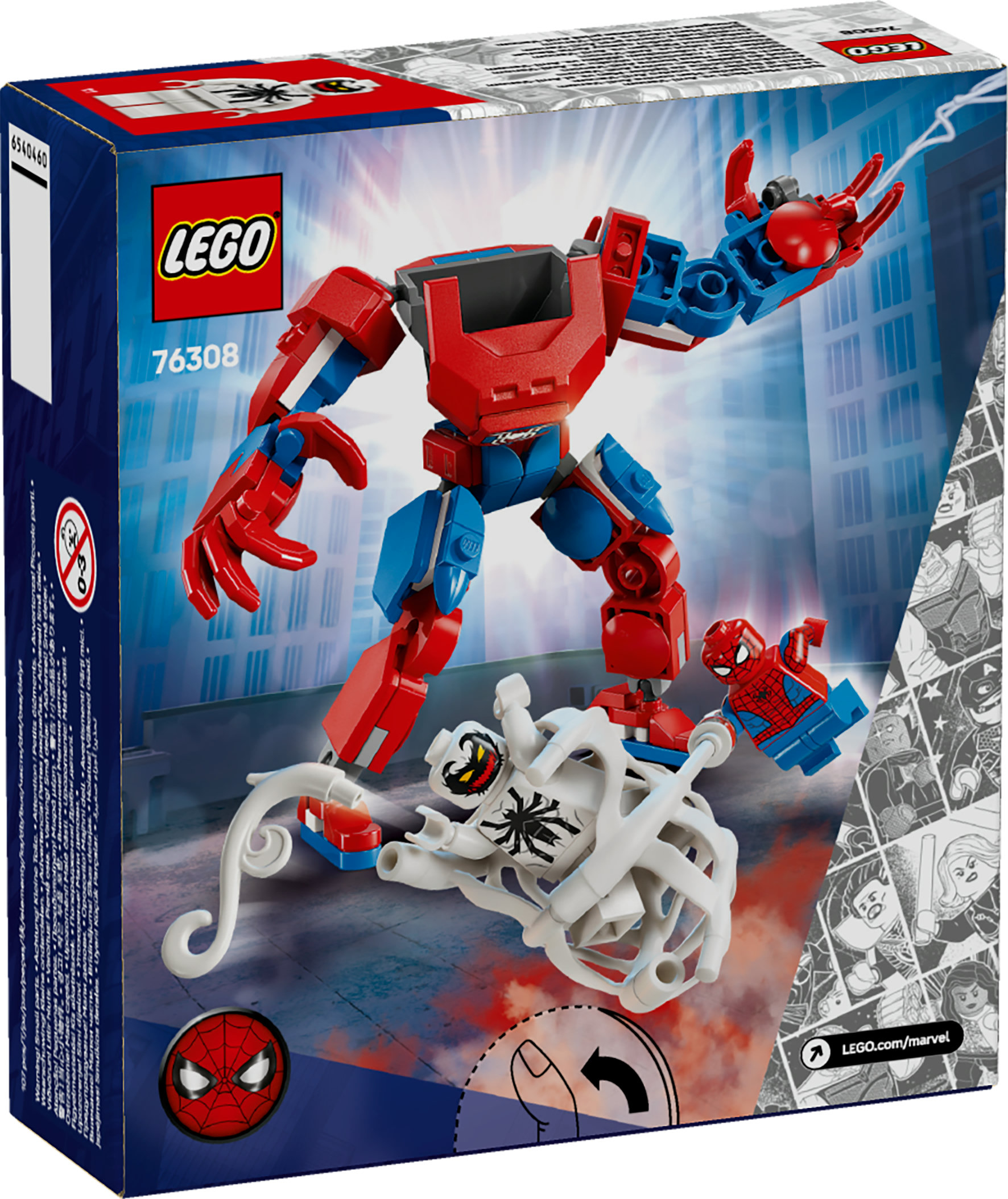 Grafika na pudełku Lego przedstawia mecha Spider-Mana walczącego z postacią symbionta. Tło pokazuje miasto.
