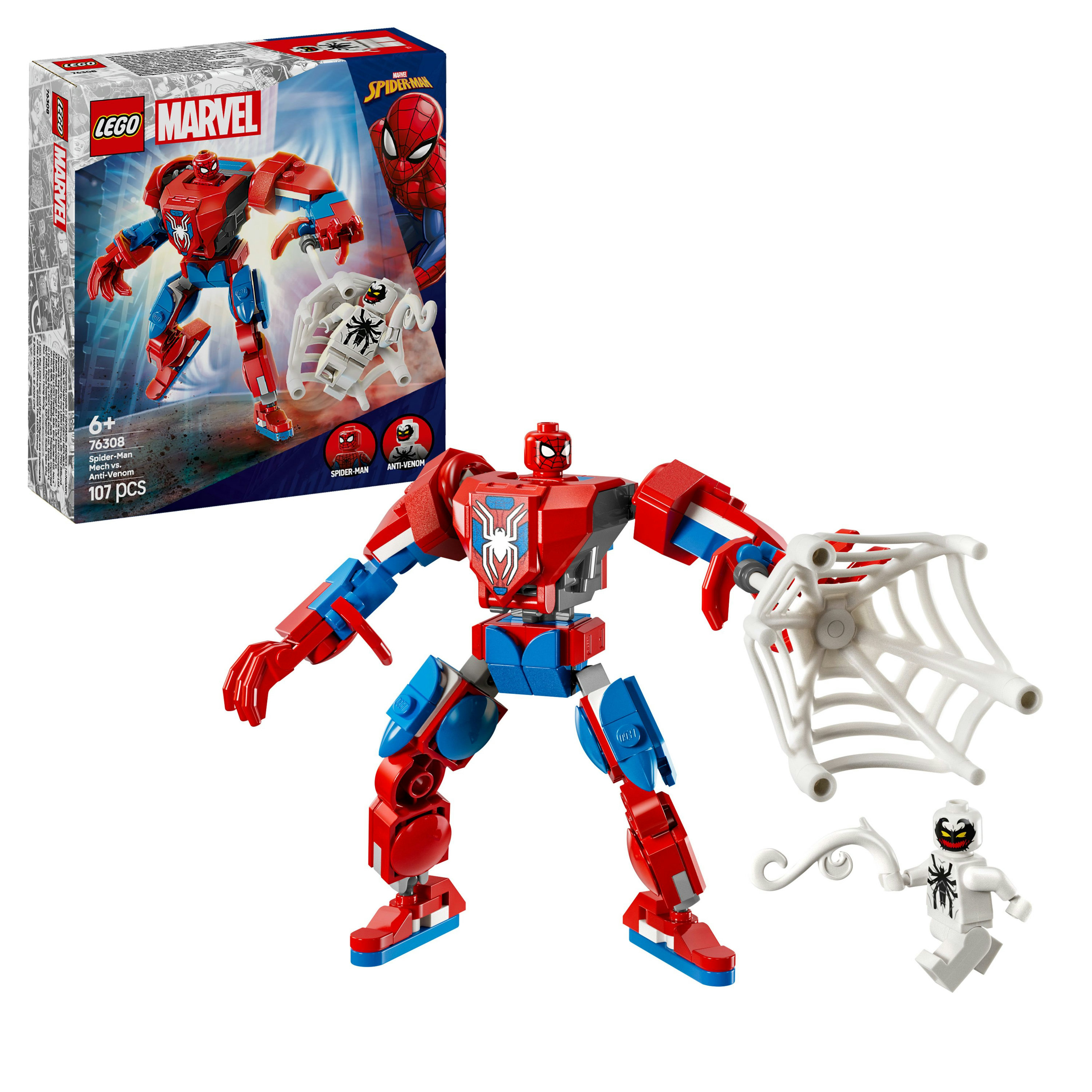 Zestaw LEGO Spider-Man. Zawiera czerwono-niebieski mech, białą sieć i figurkę Anti-Venom. W tle znajduje się pudełko.