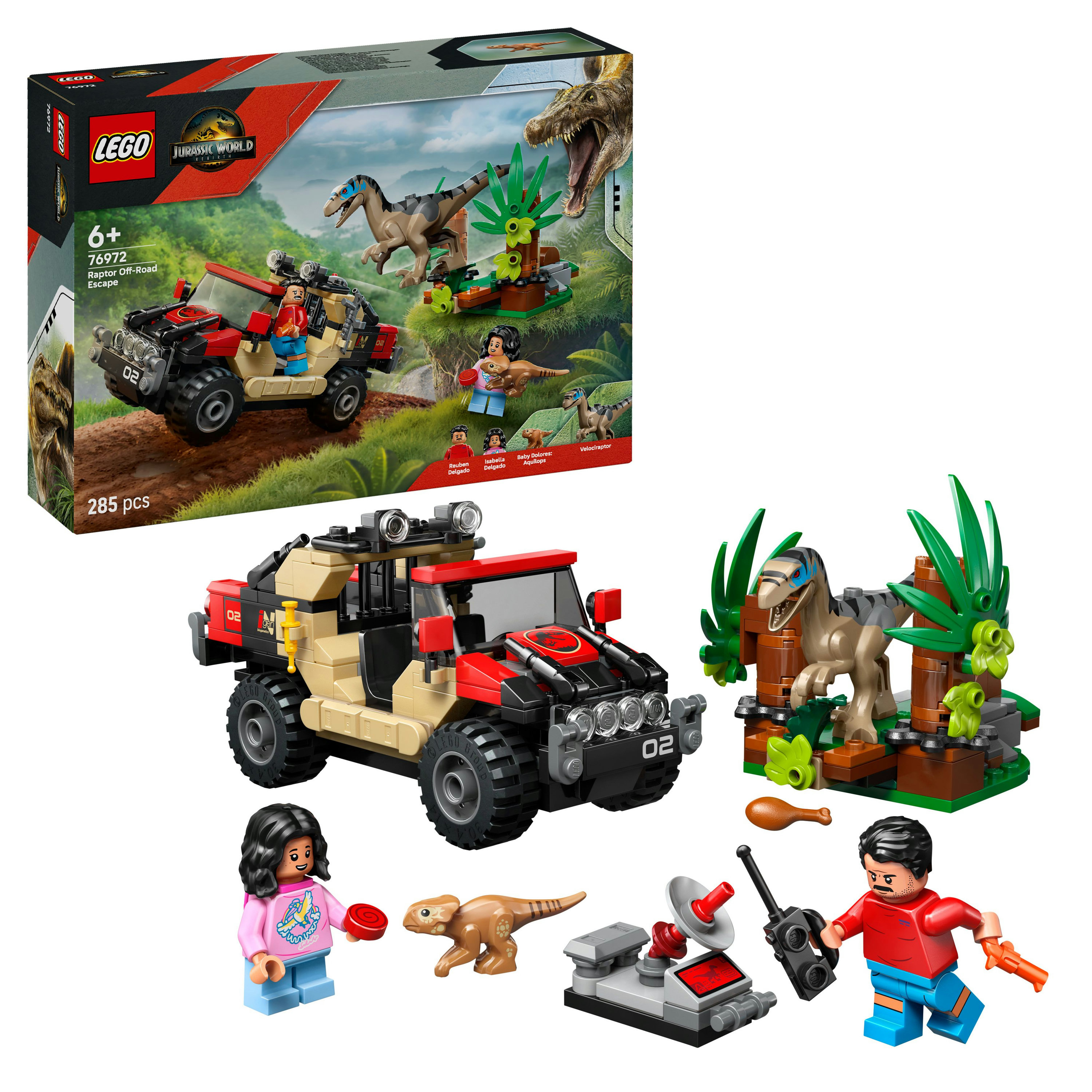 Zestaw LEGO Jurassic World. Zawiera czerwono-beżowy pojazd terenowy, dinozaury i minifigurki.