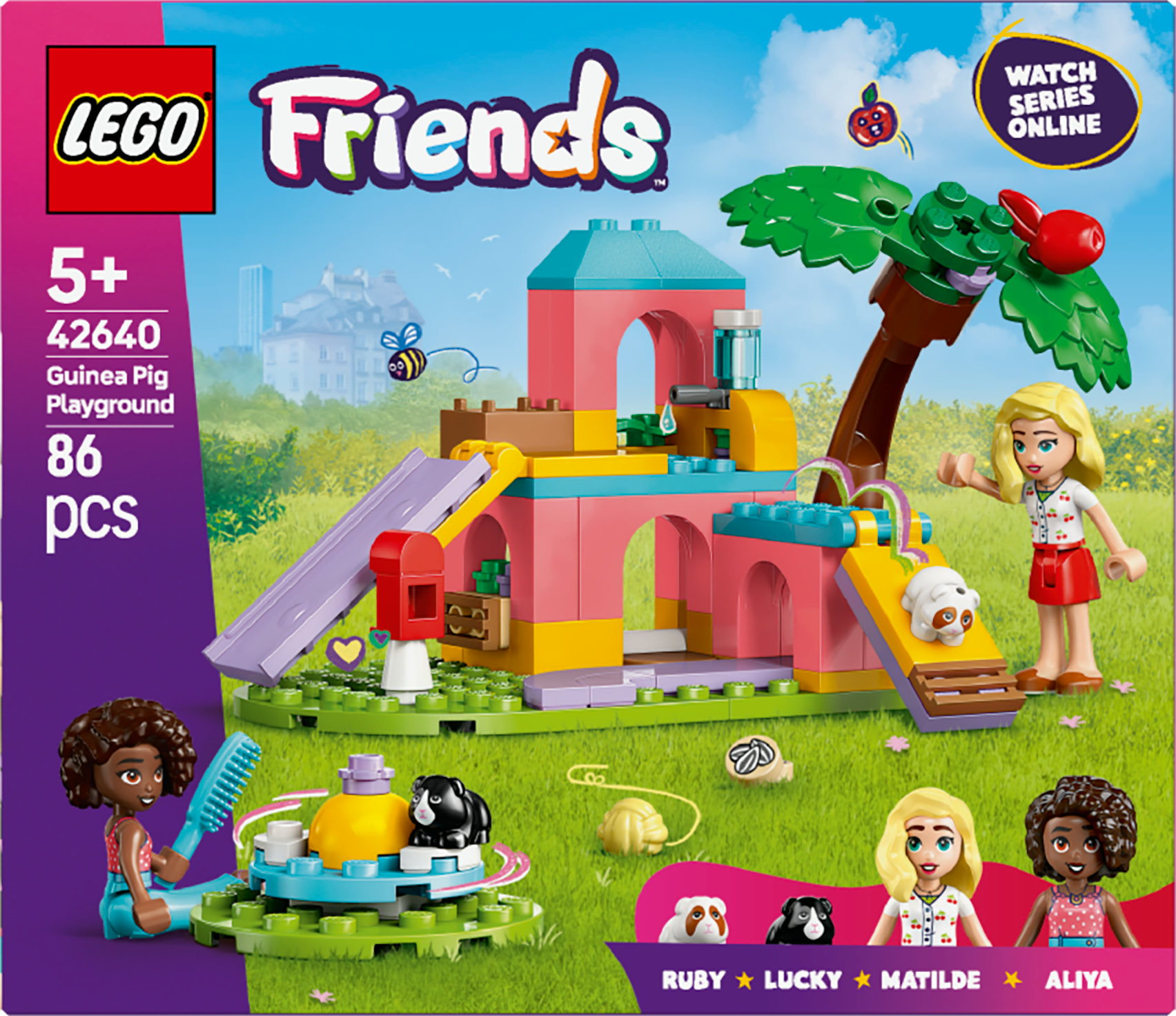 Set LEGO Friends con un parco giochi per porcellini d'India. Include personaggi, scivoli e una palma. Con Ruby, Lucky, Matilde e Aliya.