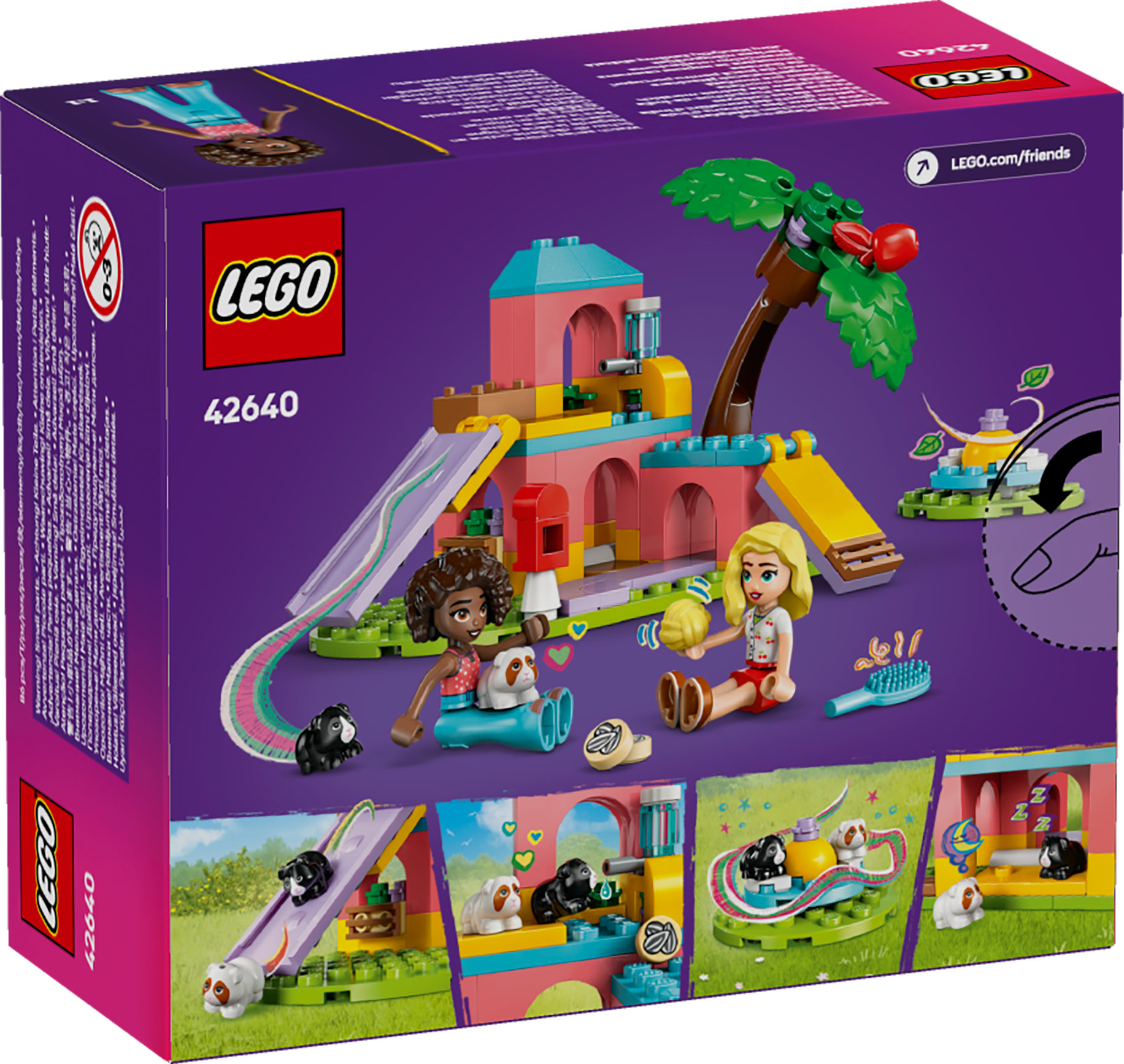 Scatola del set LEGO Friends. Struttura di gioco colorata con scivoli, animali e minifigure. Sfondo viola.