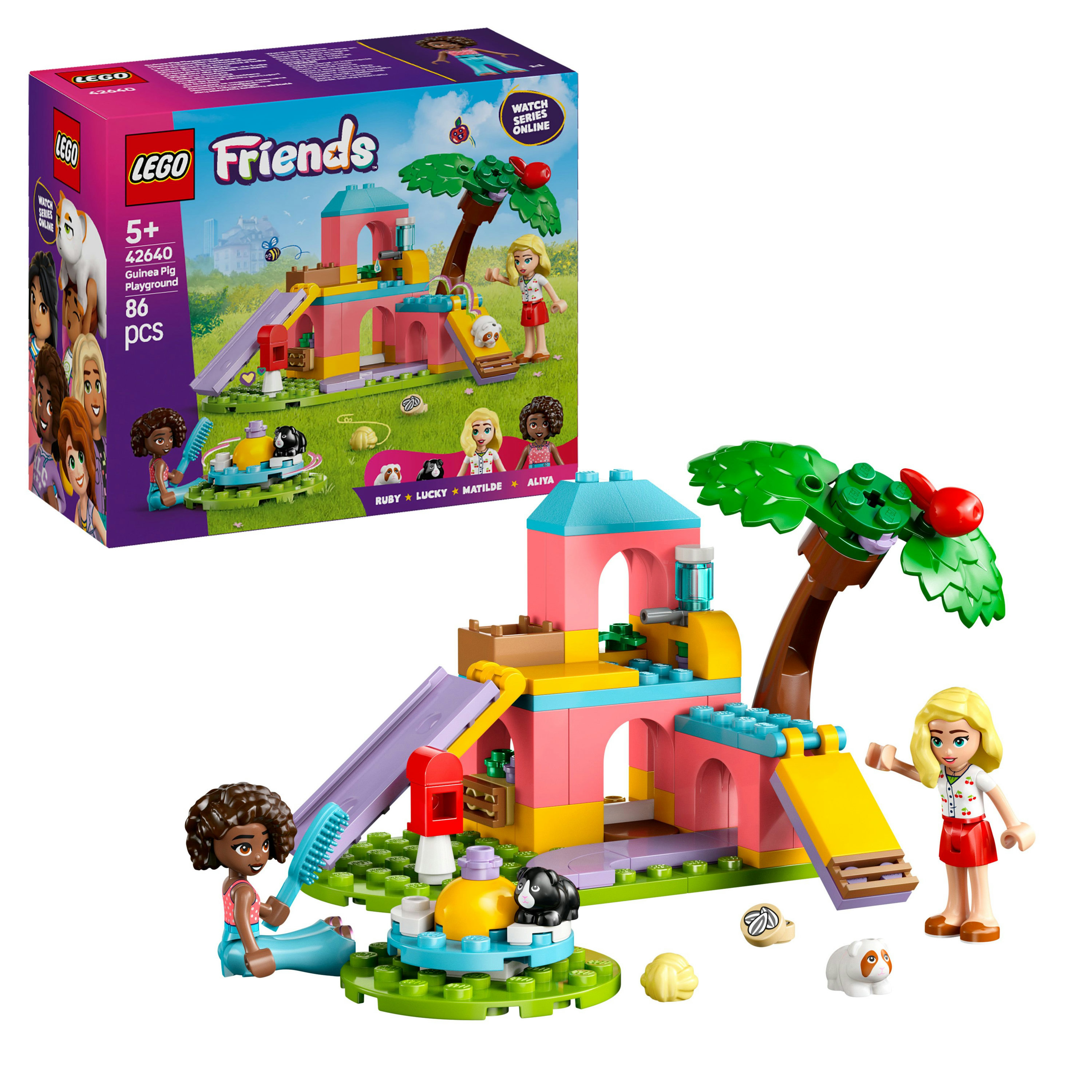Un set Lego Friends raffigura un parco giochi con scivoli, una palma e figurine di persone e porcellini d'India. Il set è rosa e giallo.