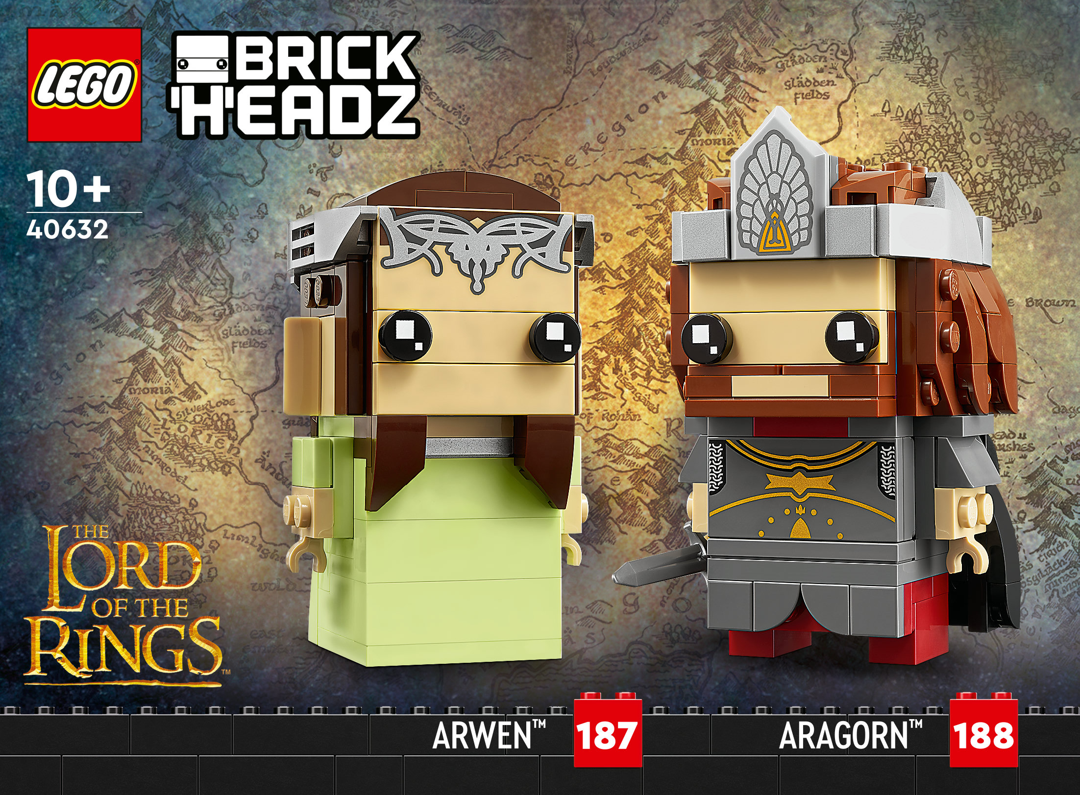 LEGO BrickHeadz Figuren von Arwen und Aragorn aus Der Herr der Ringe, auf einem Kartenhintergrund.