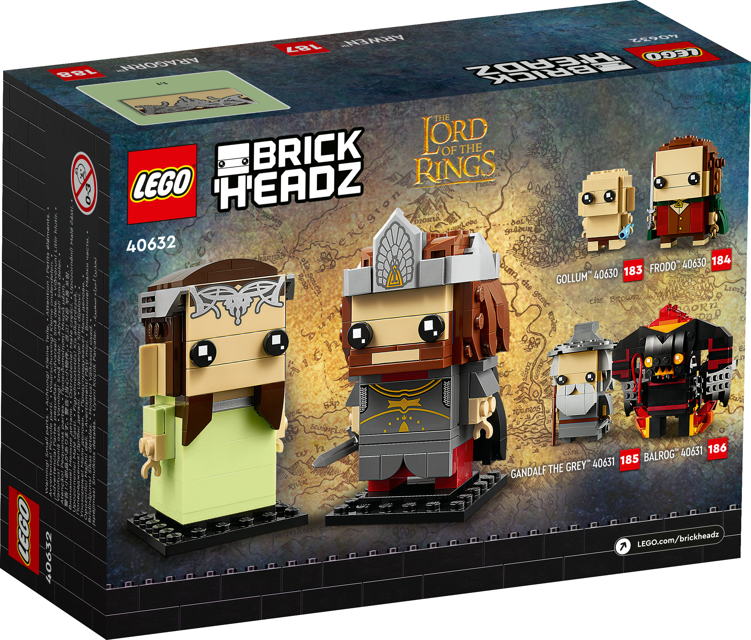 Box-Art für das Lego BrickHeadz-Set. Enthält Aragorn, Arwen, Frodo, Gollum, Gandalf und Balrog.