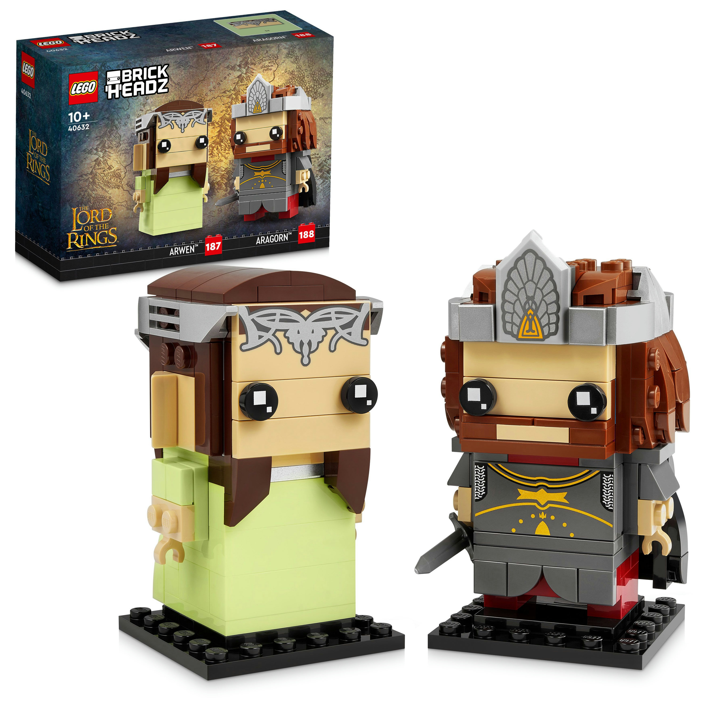 LEGO BrickHeadz von Arwen und Aragorn aus Herr der Ringe. Figuren stehen auf schwarzen Sockeln mit Details.