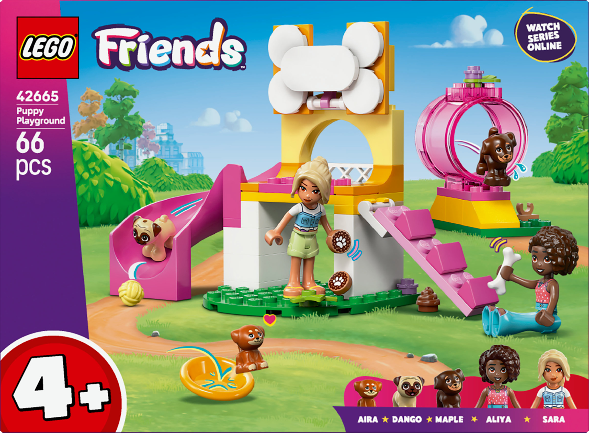 Set Lego Friends con un parco giochi per cuccioli. Include personaggi, cani, scivoli e accessori. Il set è per bambini dai 4 anni in su.