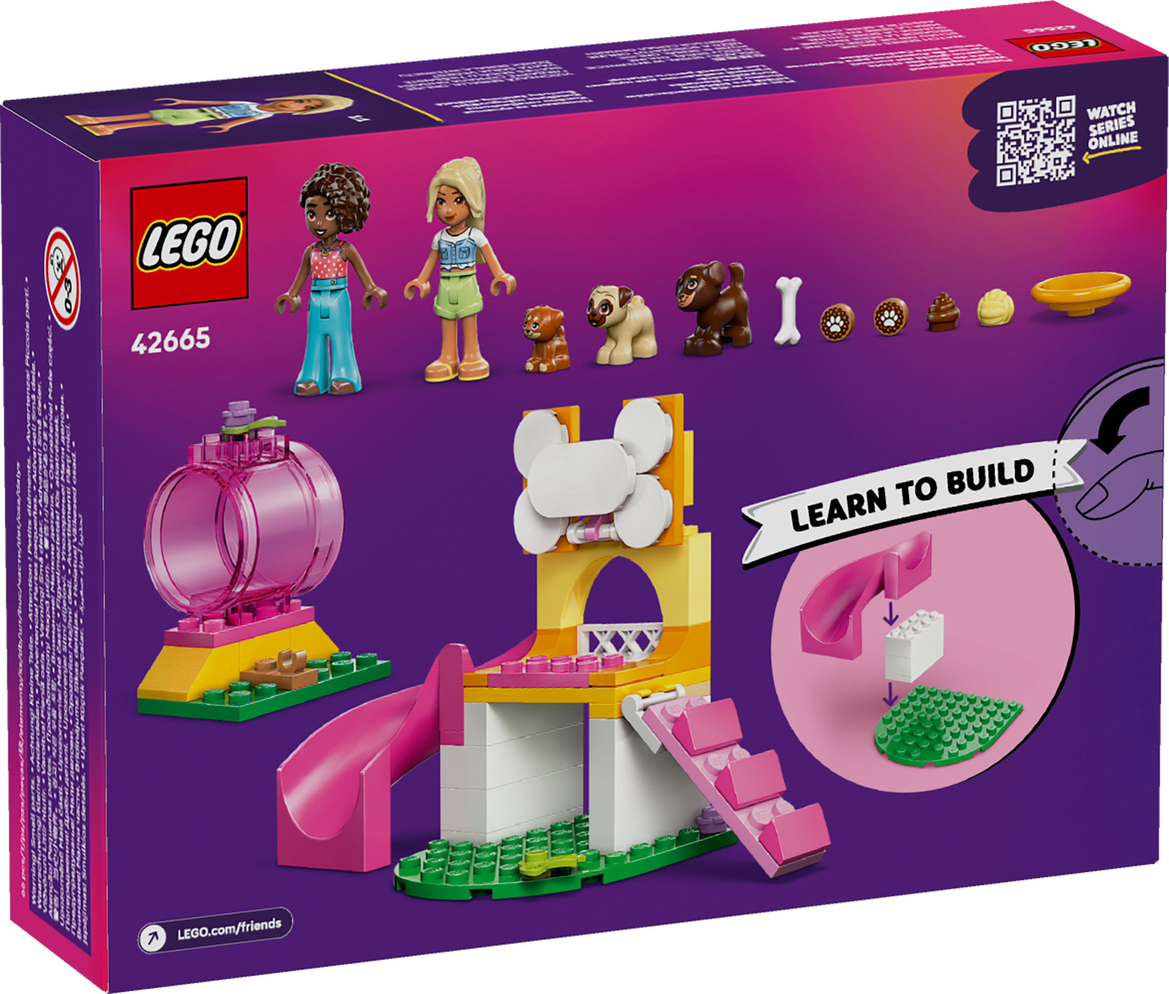 Set scatola Lego con personaggi e giocattoli per cani. Presenta due personaggi Lego, personaggi di cani e blocchi.