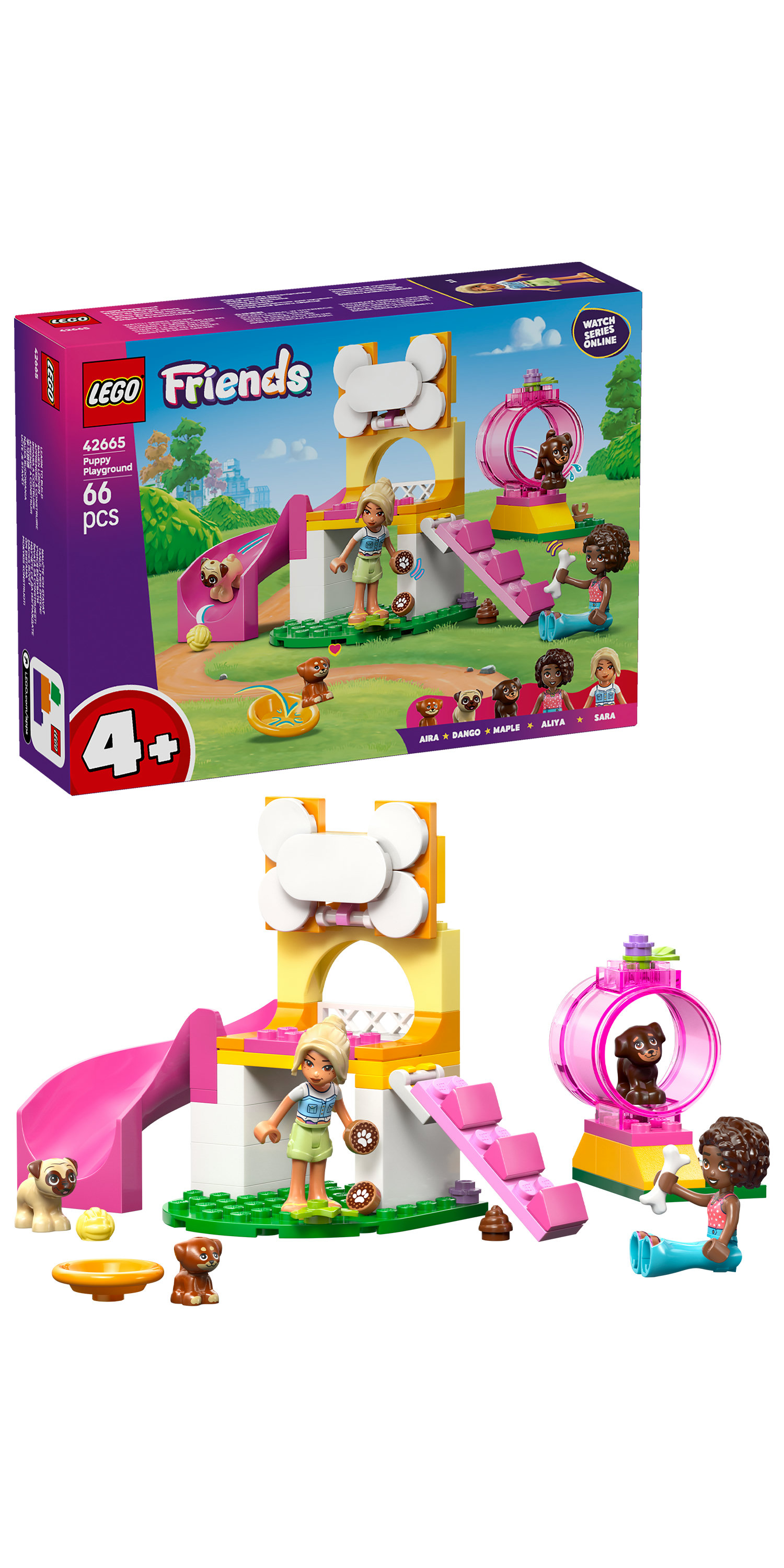 Set LEGO Friends Parco Giochi per Cuccioli. Include personaggi, cani e strutture gioco come scivolo. La scatola mostra il set.