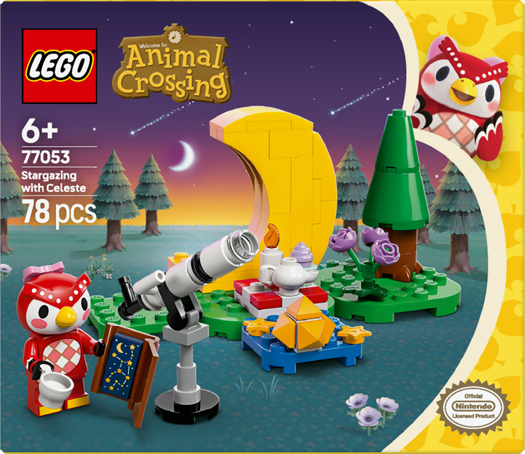 Zestaw LEGO Animal Crossing z Celeste i teleskopem. Zawiera półksiężyc, drzewa i kwiaty, z gwiaździstym tłem.