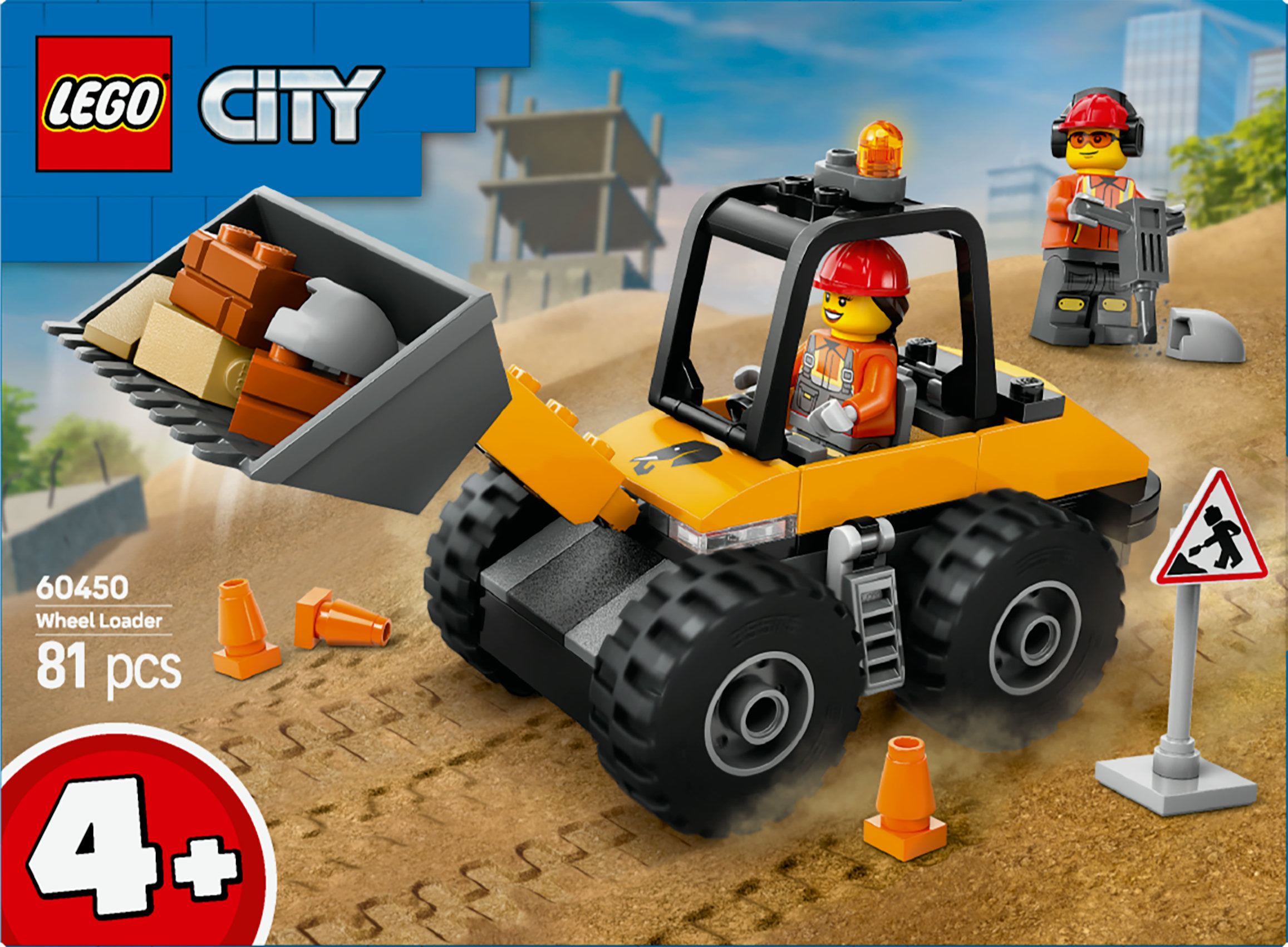 LEGO City seti. Sürücüsü olan sarı bir tekerlekli yükleyici, matkaplı bir işçi ve inşaat konileri.