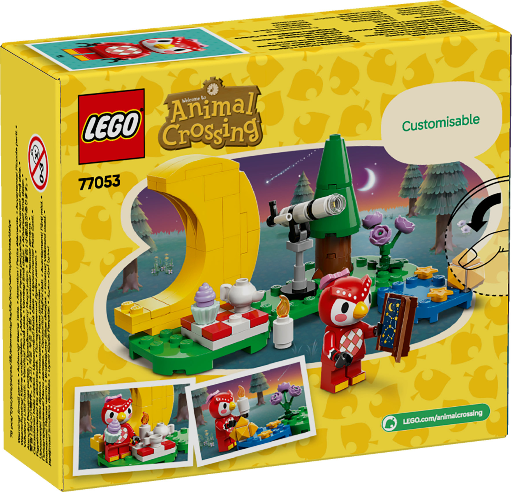 Pudełko LEGO Animal Crossing. Zawiera czerwoną sowę, teleskop i półksiężyc. Tło przedstawia nocną scenę.