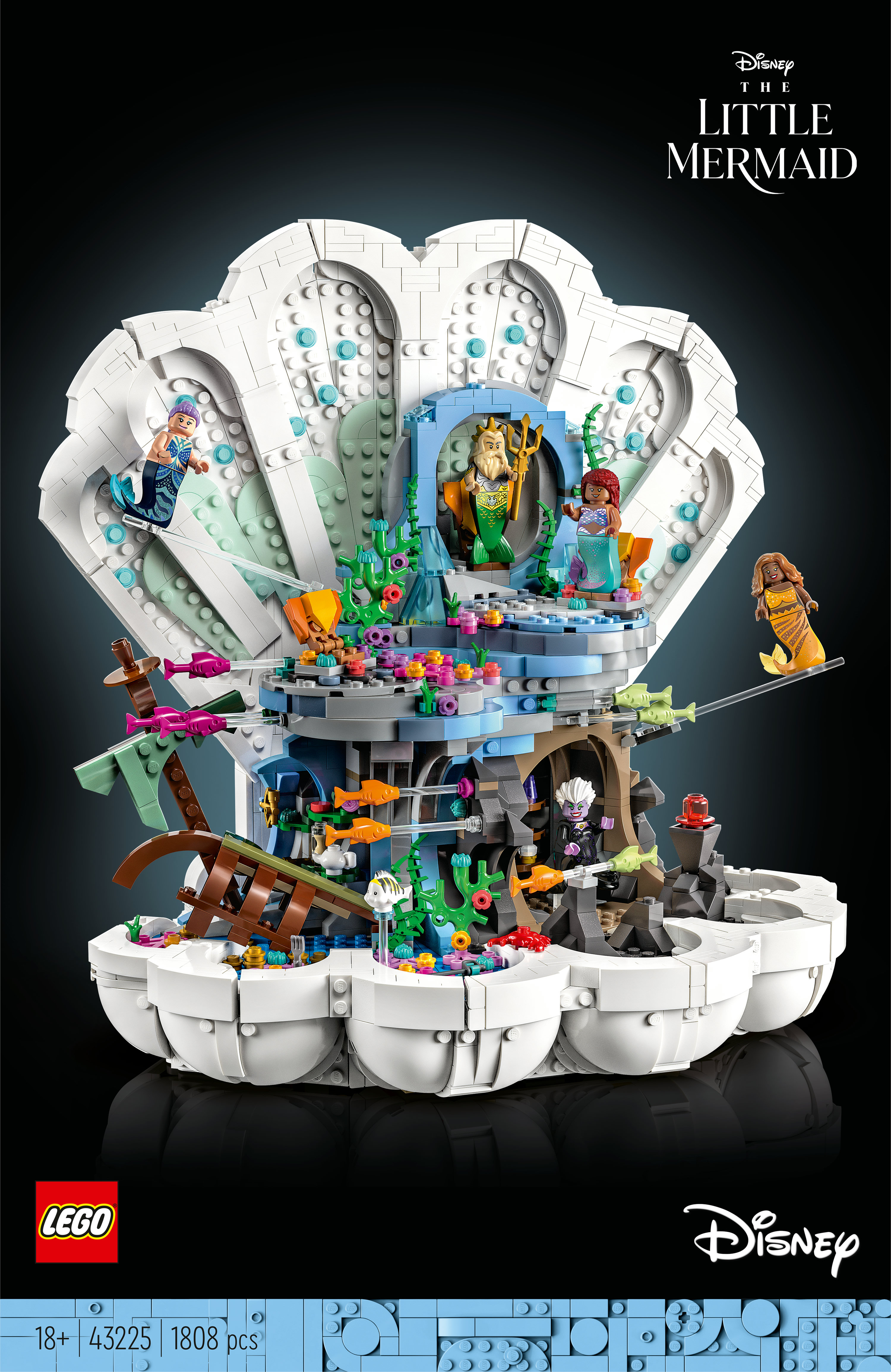 Lego set van De Kleine Zeemeermin. Schelpvormige structuur met figuren van Ariel, Triton, Ursula en anderen.