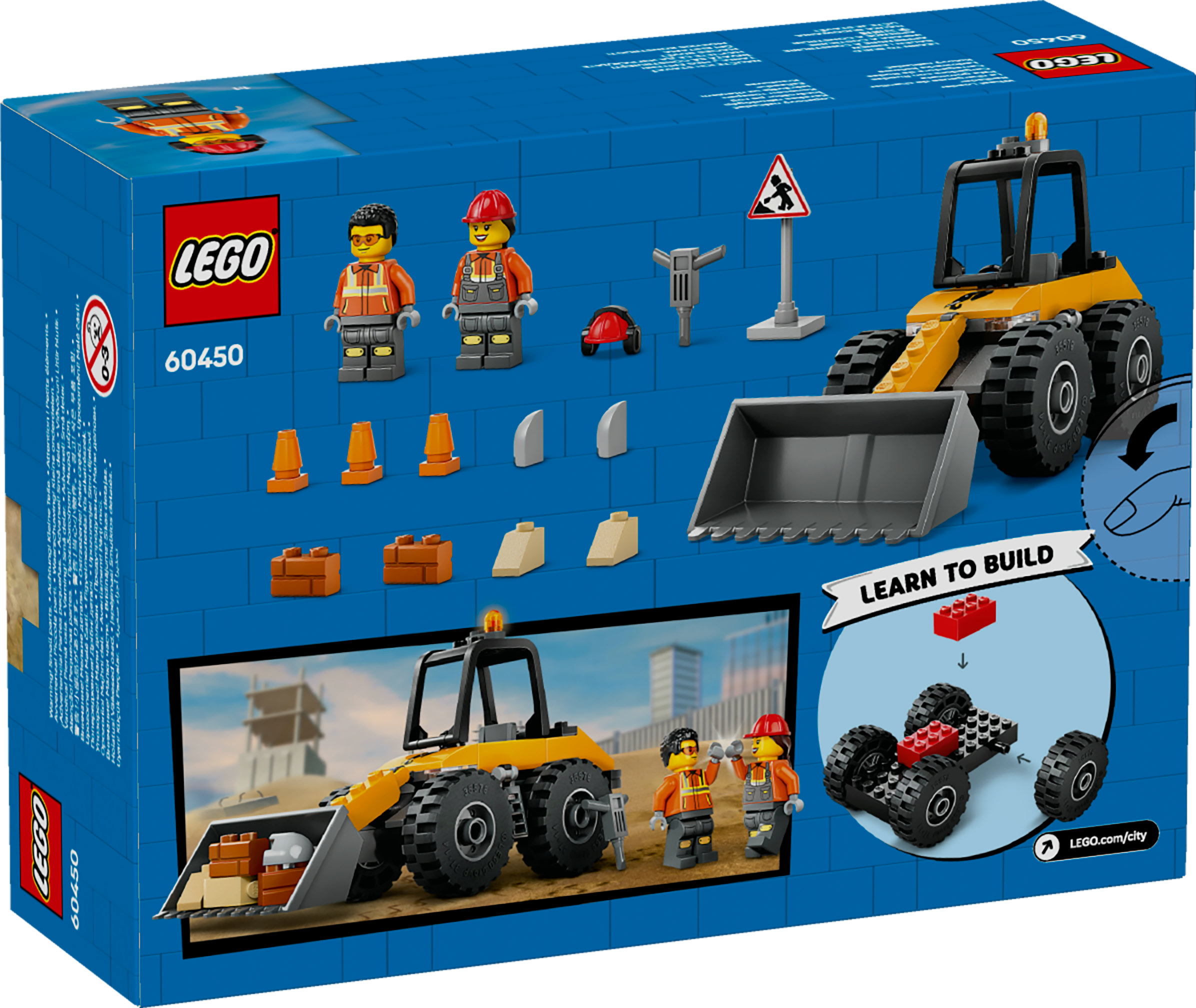 LEGO City kutusu. Sarı bir ön yükleyici, inşaat işçileri ve yapı bileşenleri içerir. Mavi arka plan.