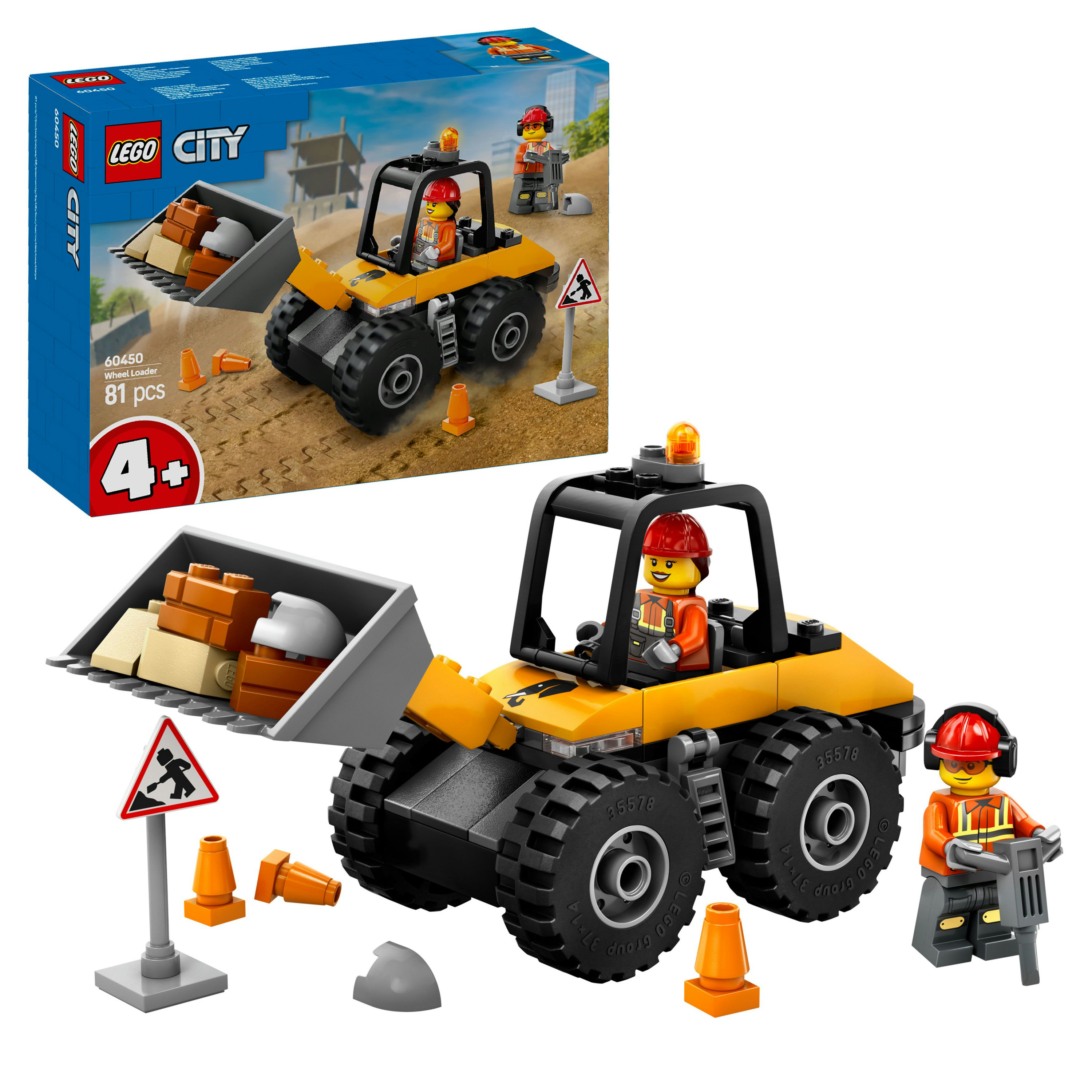 LEGO City Wheel Loader seti. Sarı bir yükleyici, iki işçi figürü, koniler, bir yol işareti ve malzemeler içerir.