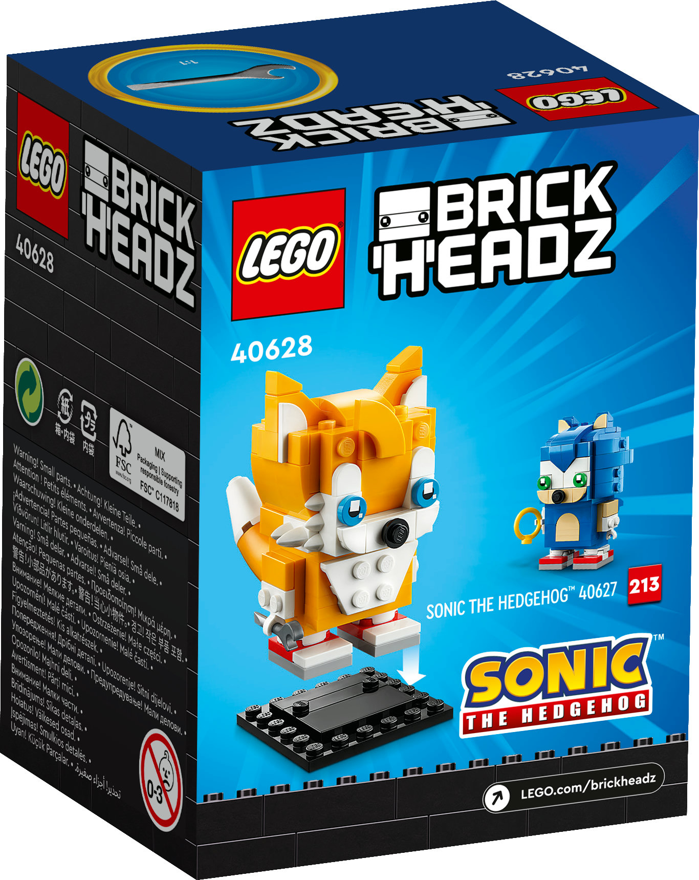 Lego Sonic the Hedgehog BrickHeadz Box. Auf der Vorderseite befinden sich Figuren von Tails und Sonic. Blau und Gelb dominieren.