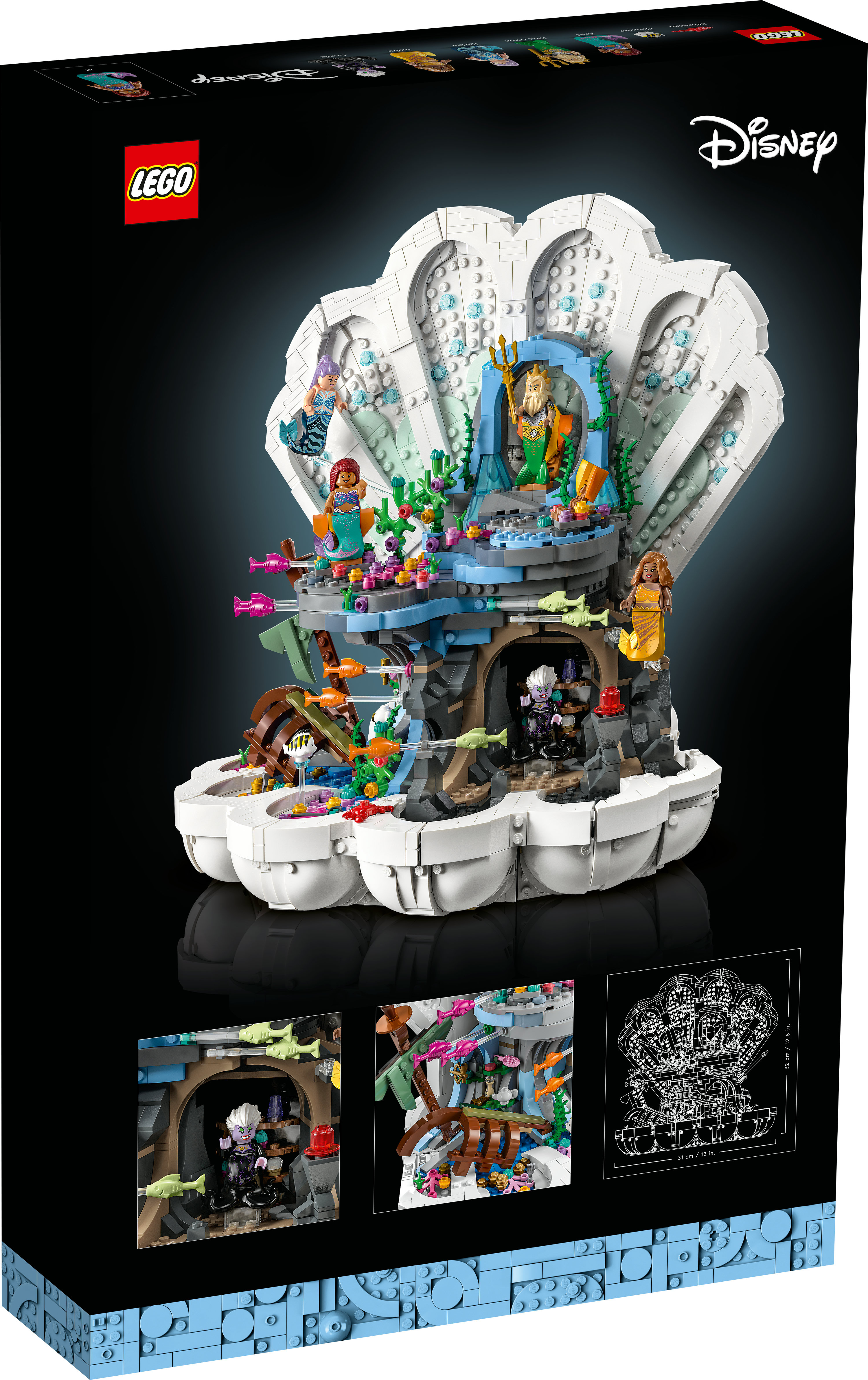 LEGO Disney set. Witte schelpvormige structuur met Lego-figuren van zeemeerminnen, Koning Triton en Ursula. Zwarte achtergrond.