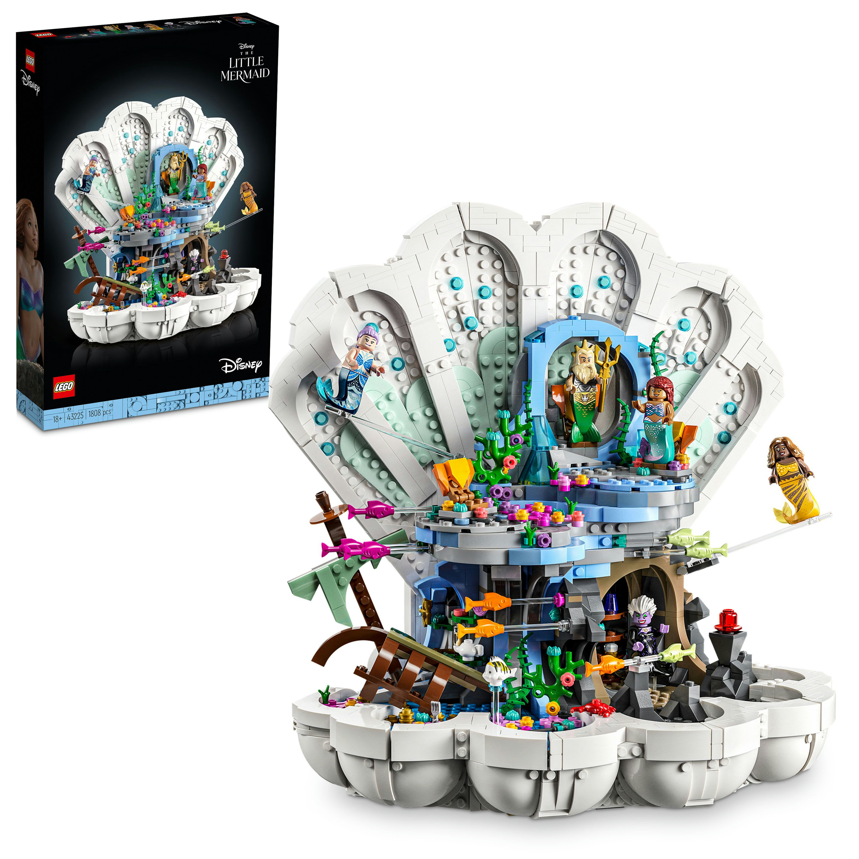 Lego set van De Kleine Zeemeermin. Het toont een schelpvormige structuur met personages en details uit de film.