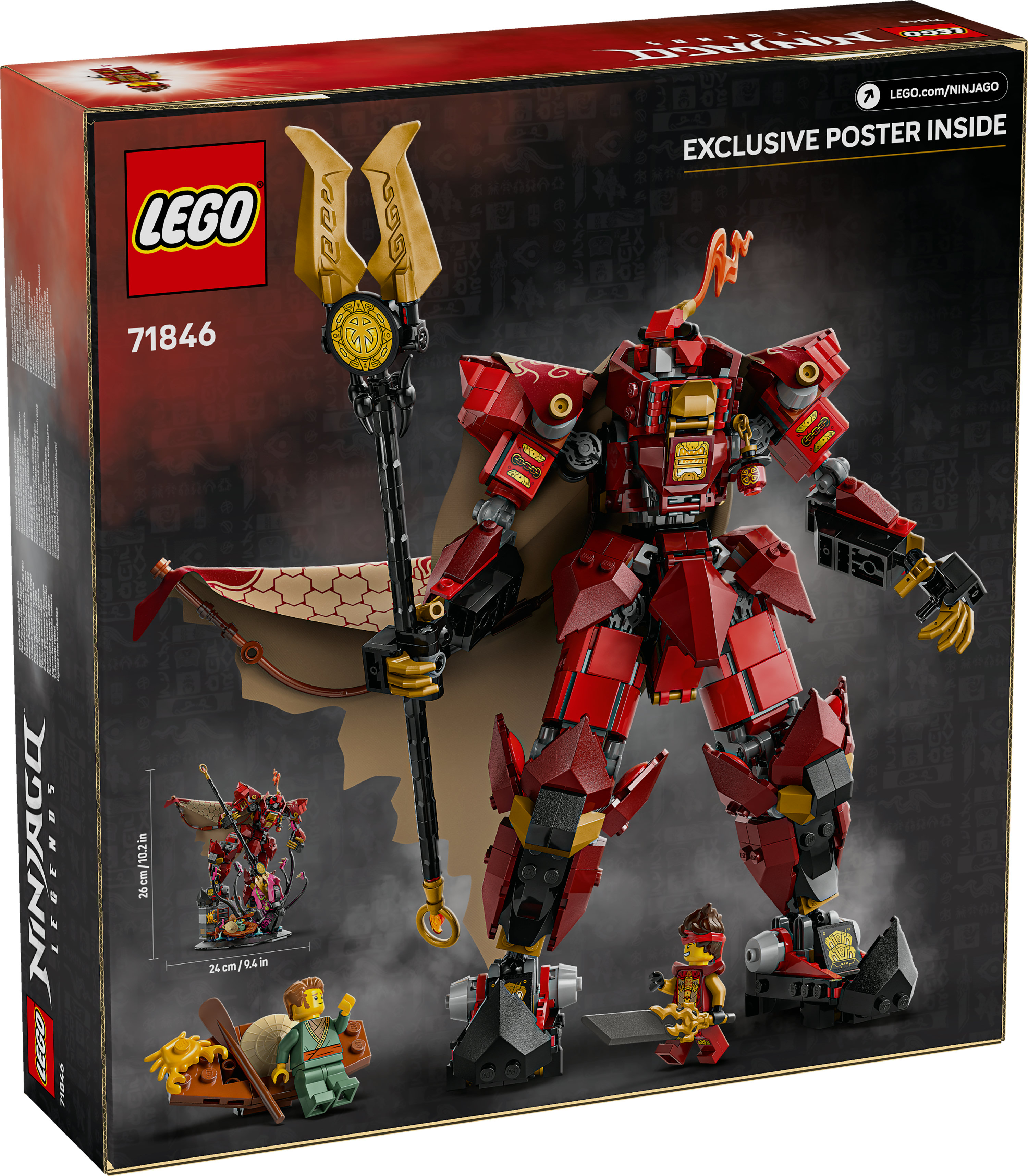 Pudełko LEGO Ninjago. Czerwono-złota figura mecha dominuje, z mniejszymi figurkami i łodzią u podstawy. Logo LEGO u góry.