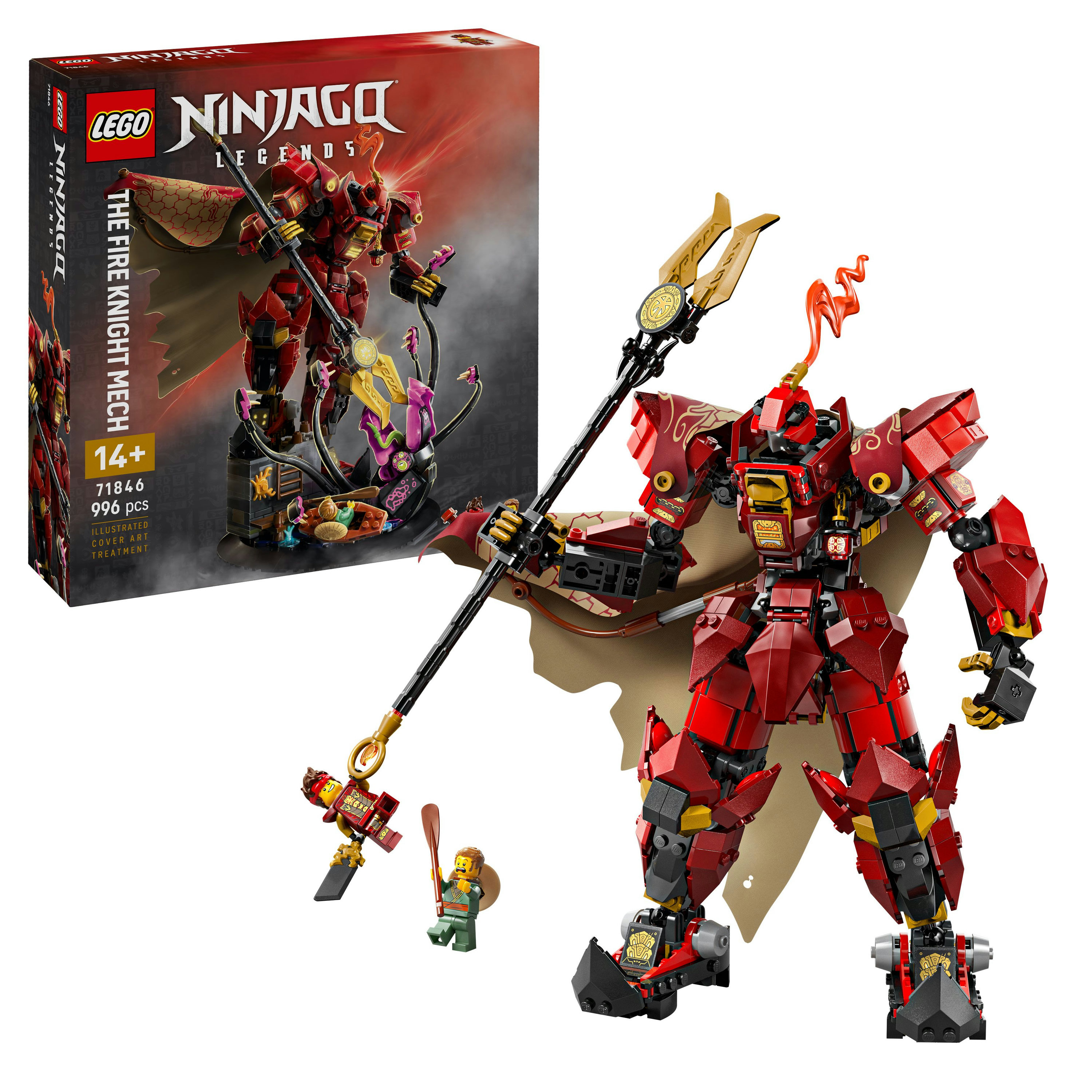 Czerwony LEGO Ninjago mech z złotymi akcentami trzyma laskę. Pudełko przedstawia mecha, małą figurkę i szczegóły.
