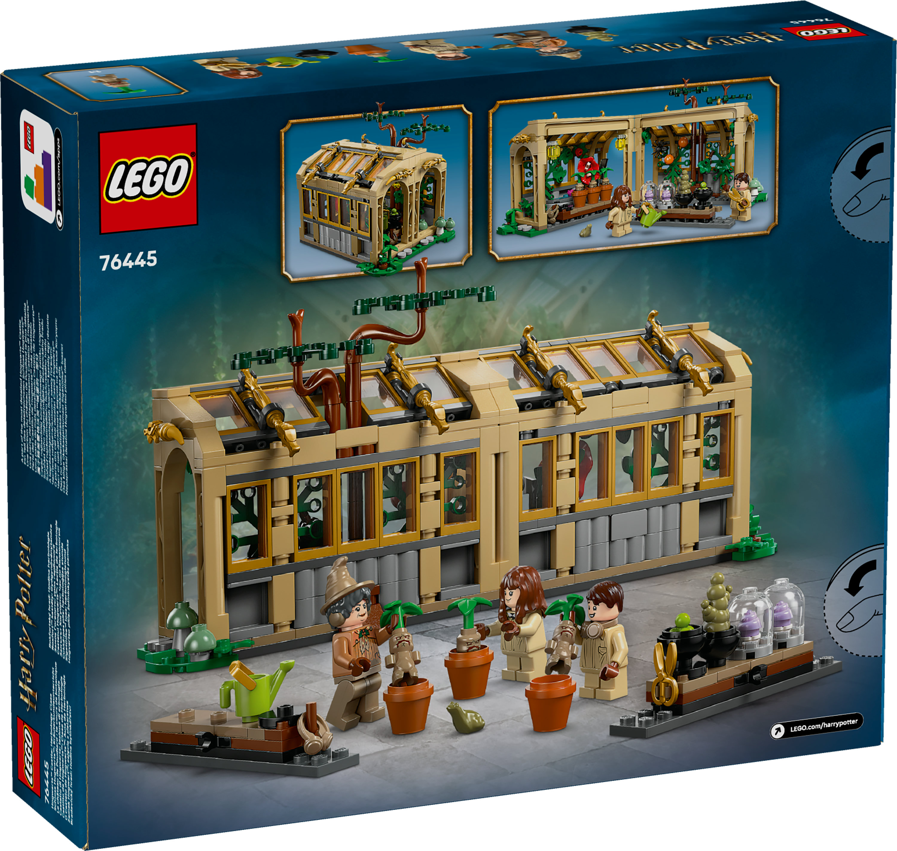 Set de caja LEGO que representa un invernadero con minifiguras. Incluye plantas, macetas y figuras. El fondo es un degradado azul oscuro.
