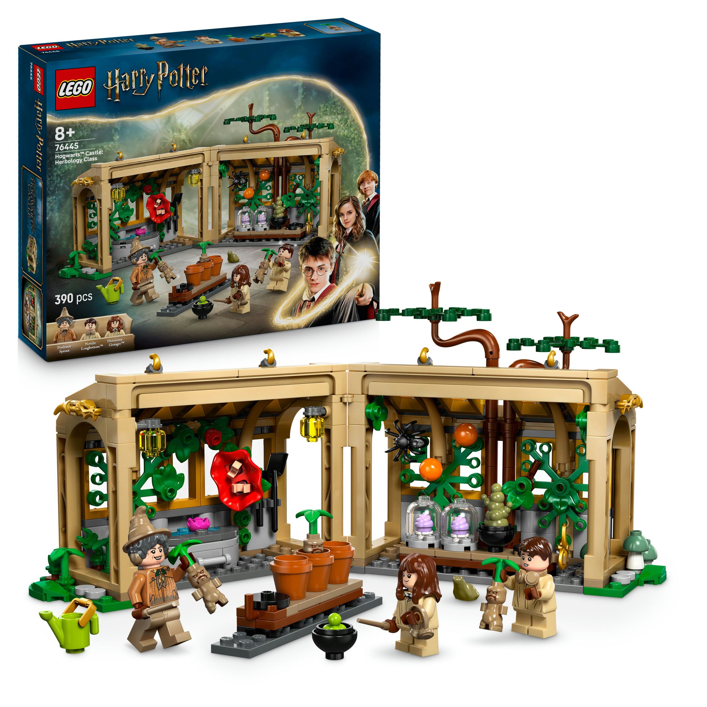 Set LEGO Harry Potter. Figuras y plantas dentro y fuera de un invernadero. La caja muestra a Harry, Hermione y Ron.