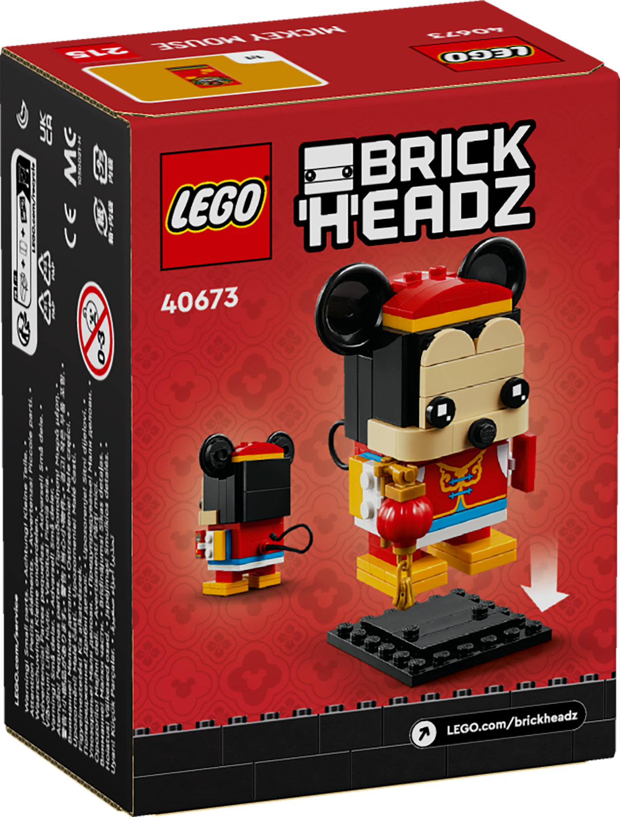 Schachtel des LEGO BrickHeadz-Sets. Mickey Mouse Figur in rotem Outfit mit Laterne. Kleine Mickey Mouse Figur an der Seite.