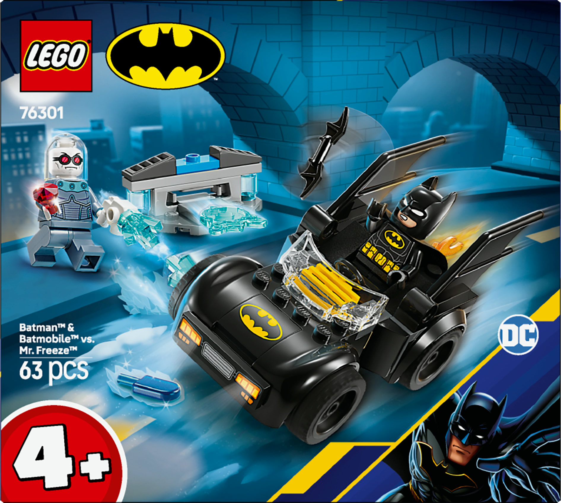 Scatola del set Lego: Batman e Batmobile contro Mr. Freeze. Include Batman nella Batmobile e Mr. Freeze.