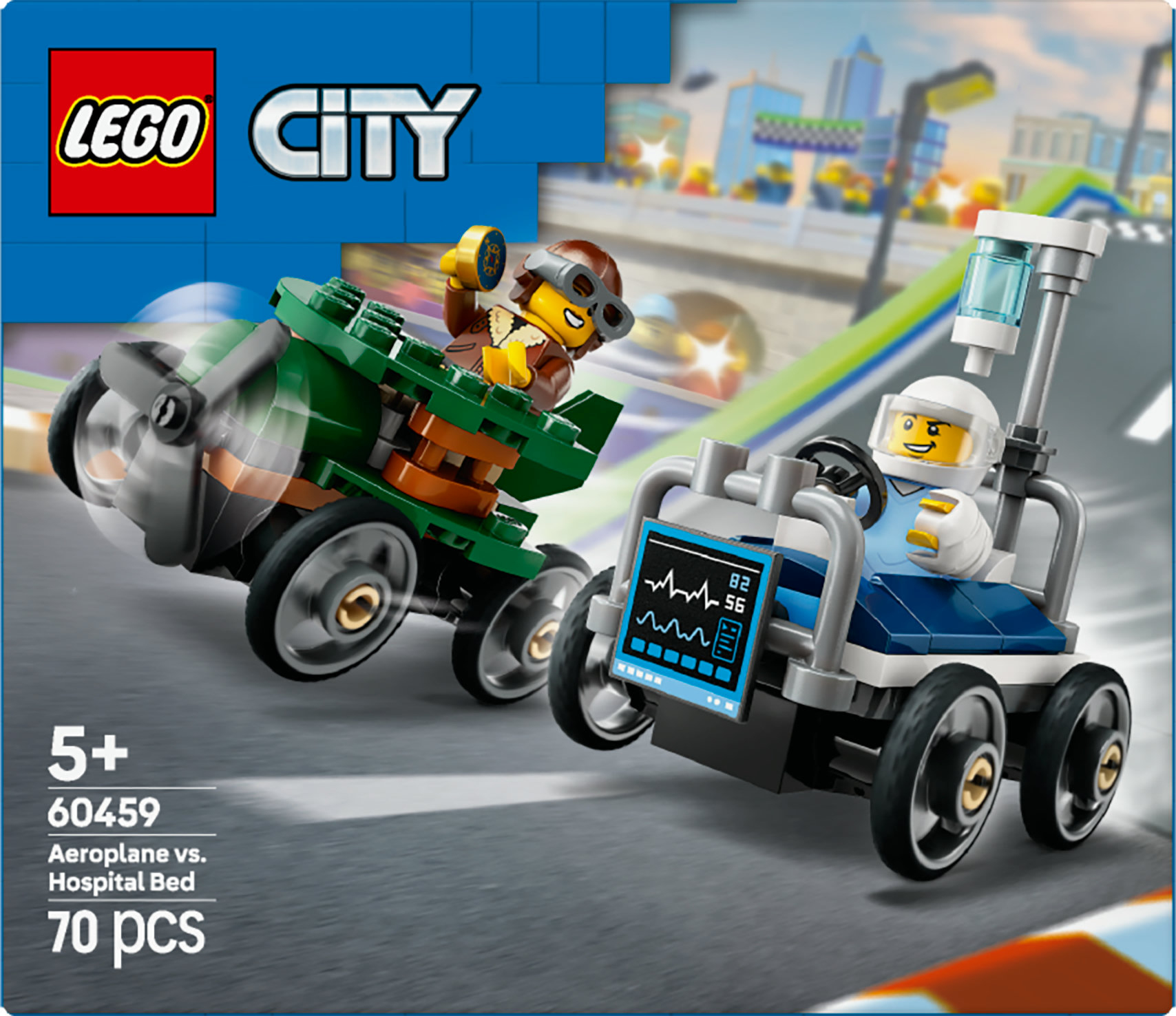 Ensemble LEGO City. Avion et lit d'hôpital en course. Un avion à hélice vert et un lit médical, tous deux avec des roues, courent.