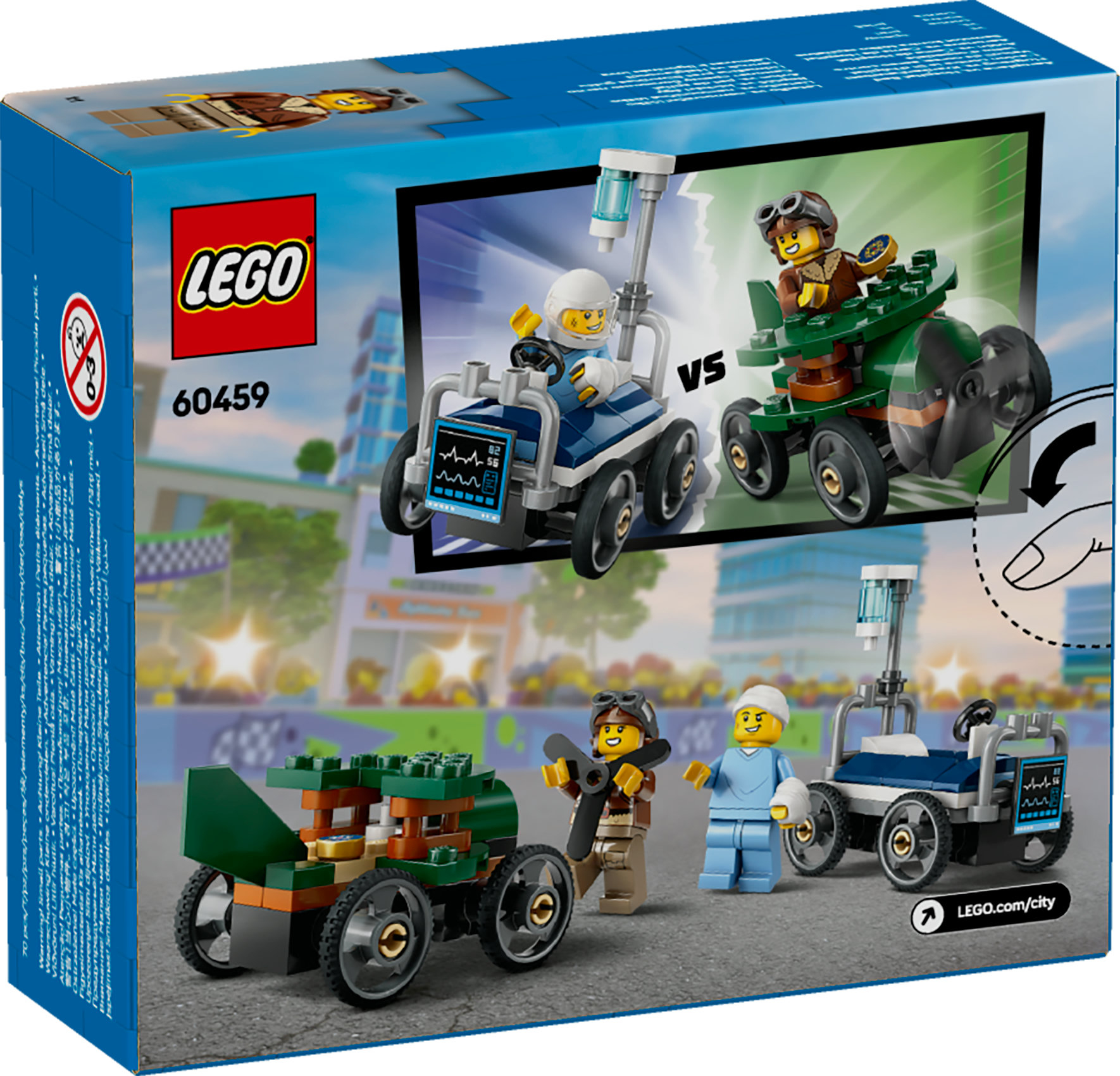 Boîte Lego avec le set 60459. Elle montre des coureurs Lego et du personnel médical avec leurs véhicules. La boîte est bleue.