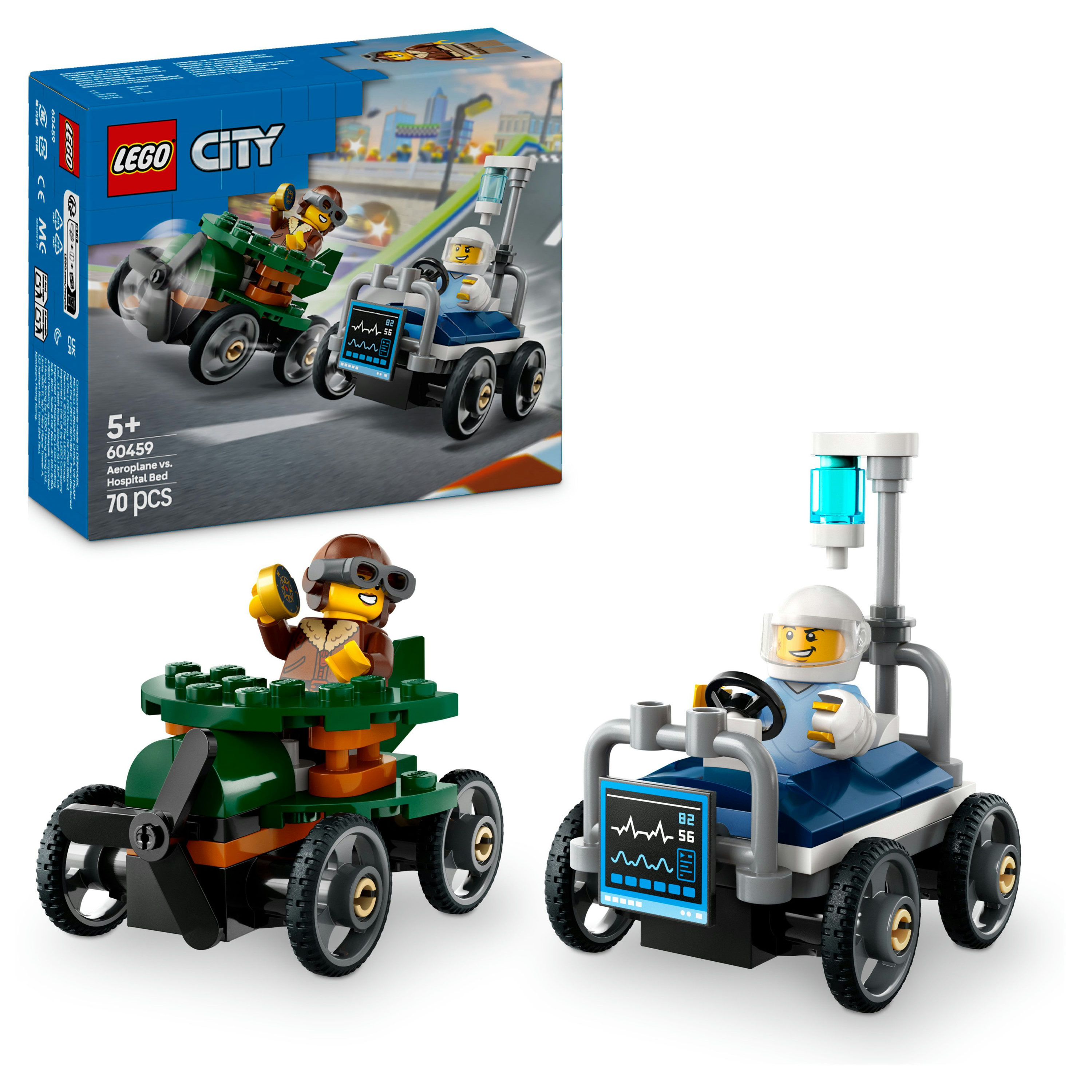 Ensemble Lego City. Un véhicule vert en forme d'avion et un véhicule de lit d'hôpital bleu. Les deux ont des figurines Lego.