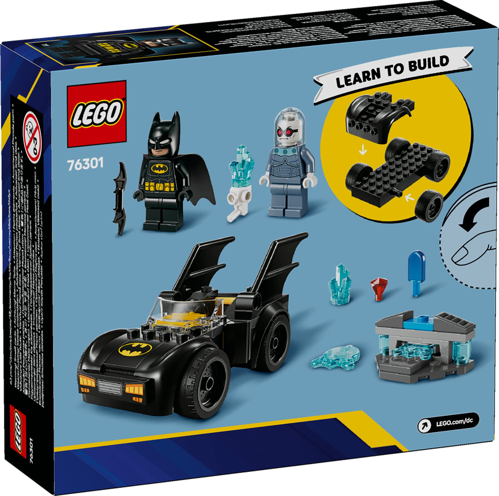 Scatola Lego con personaggi di Batman, Mr. Freeze, Batmobile e istruzioni, con sfondo blu.