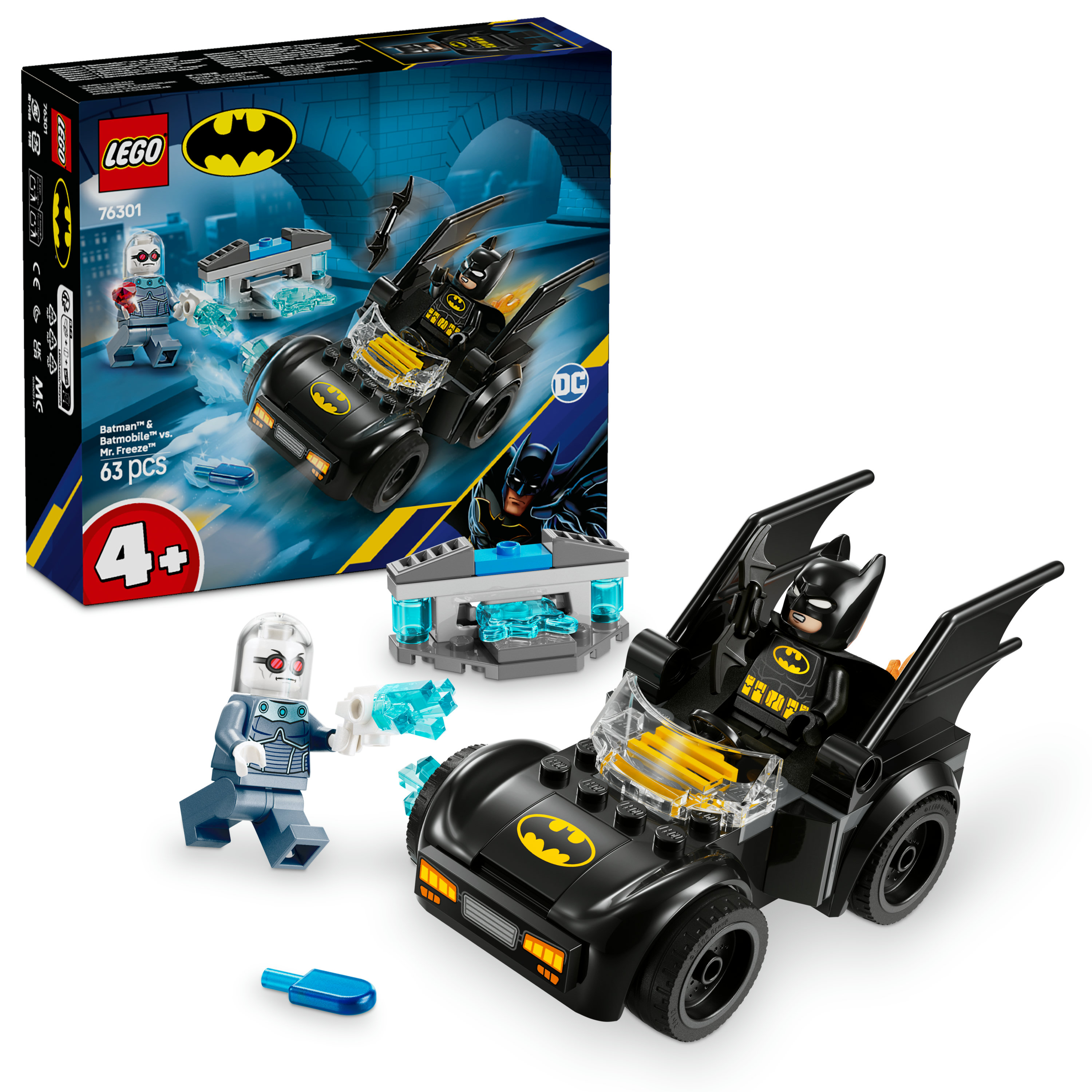 Set Lego Batman. Include Batman nella Batmobile e Mr. Freeze con una struttura. La scatola è visibile.