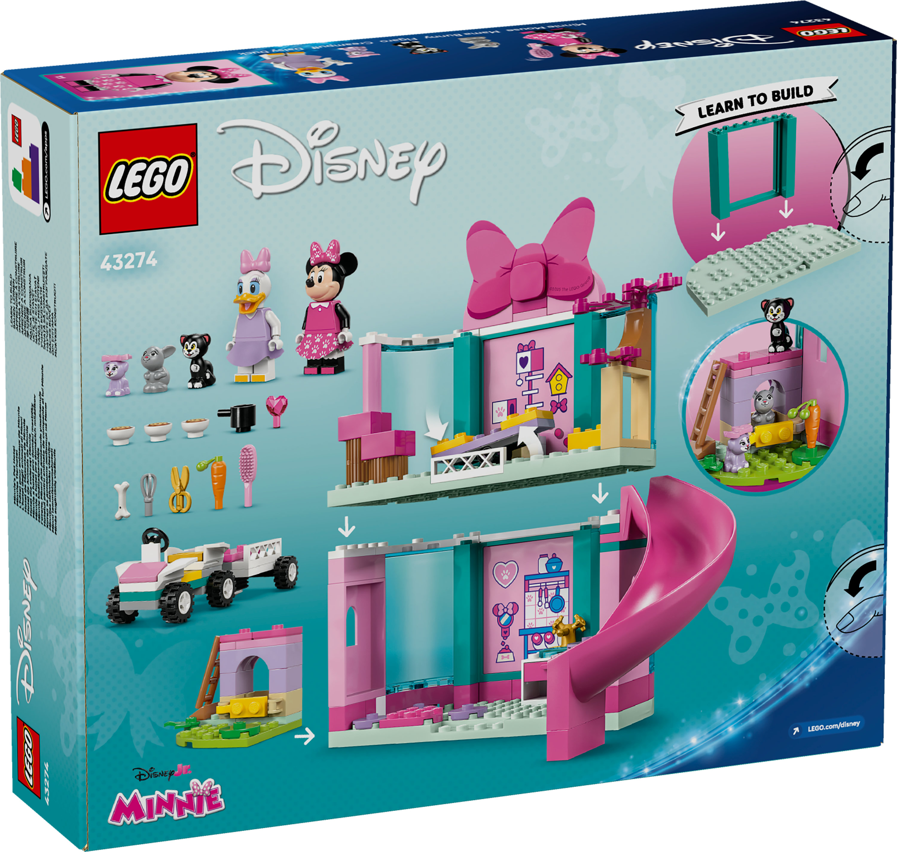 Pudełko z zestawem Lego Disney Minnie Mouse. Zawiera figurki Minnie, Daisy i zwierząt. Zawiera instrukcje.