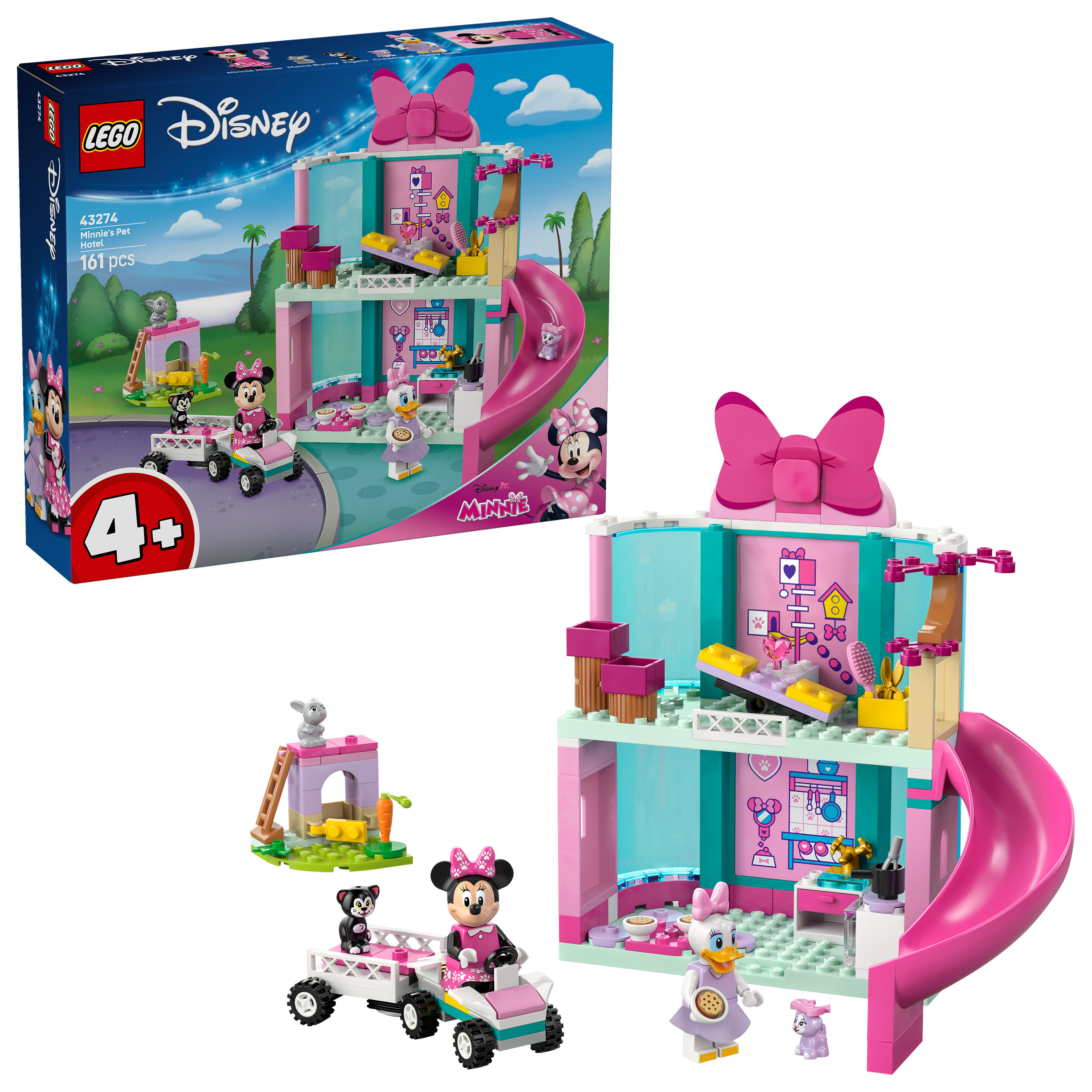 Zestaw Lego Hotel dla zwierząt Minnie. Zawiera budynek, zjeżdżalnię, Minnie, Daisy Duck, kota, królika i mały pojazd.