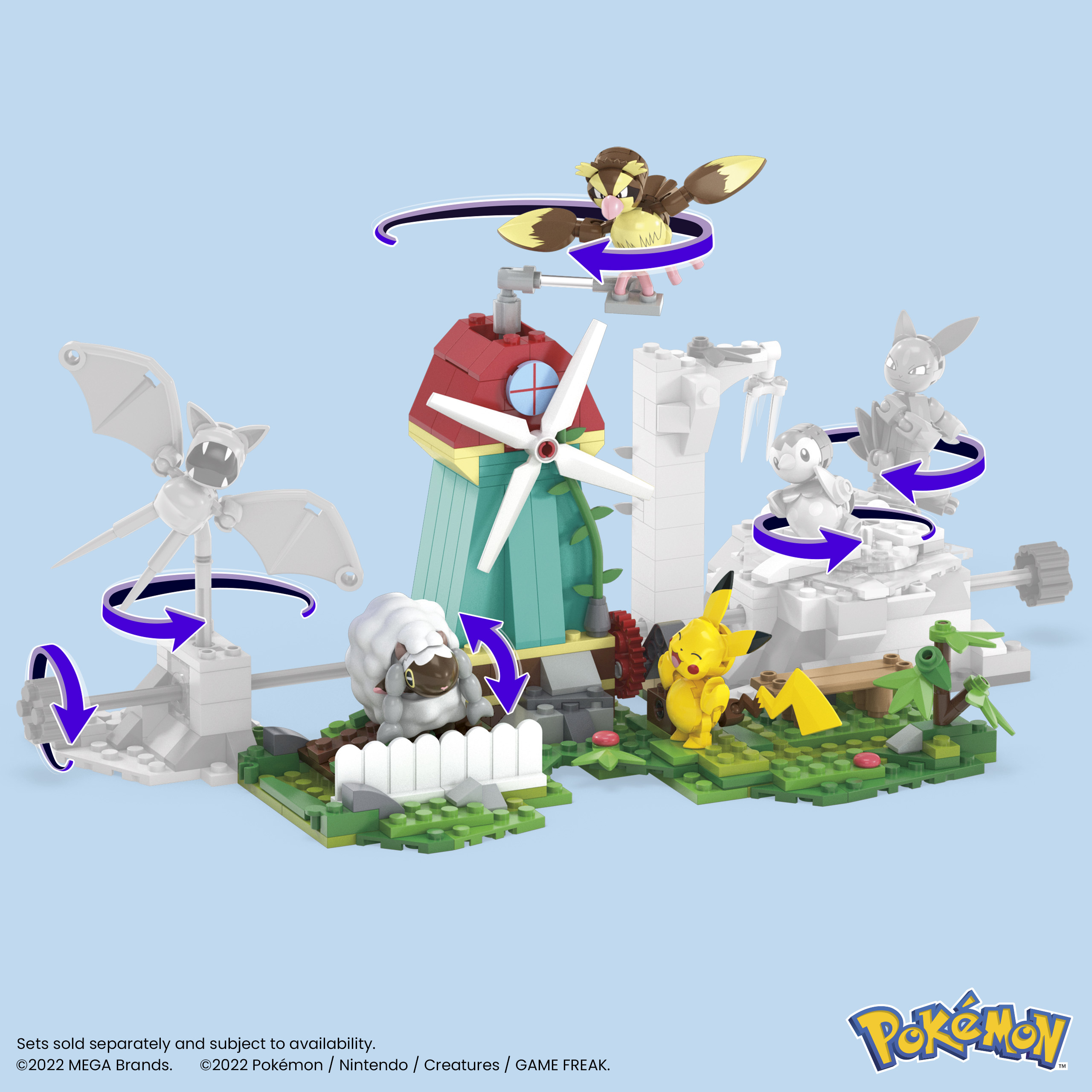 Zestaw Pokémon z figurkami Pikachu, Bat, Pidgey, Mareep, Piplup i wiatrakiem na trawie.