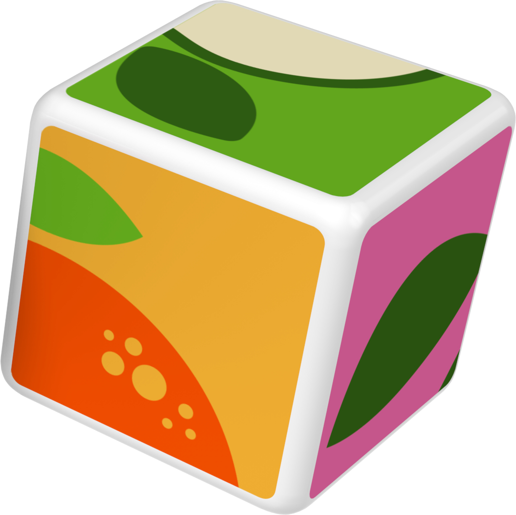 Un cubo colorato con bordi arrotondati. Ogni faccia ha un design diverso: forme arancioni, verdi, rosa e color crema.