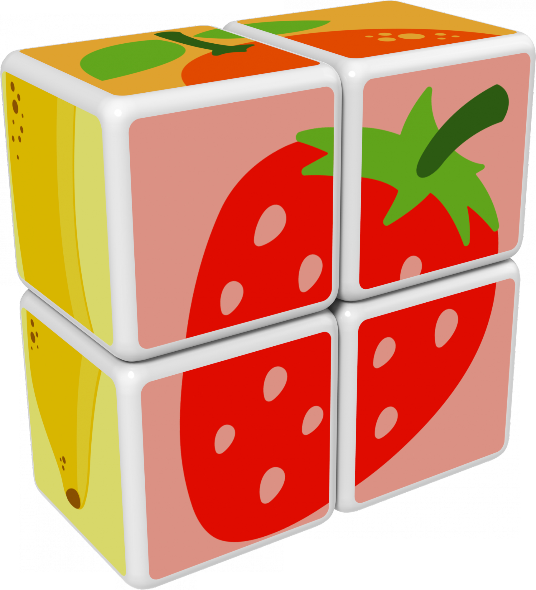 Quattro cubi giocattolo impilati con illustrazioni di frutta: limone, fragola, arancia e banana. Cubi bianchi con bordi arrotondati.