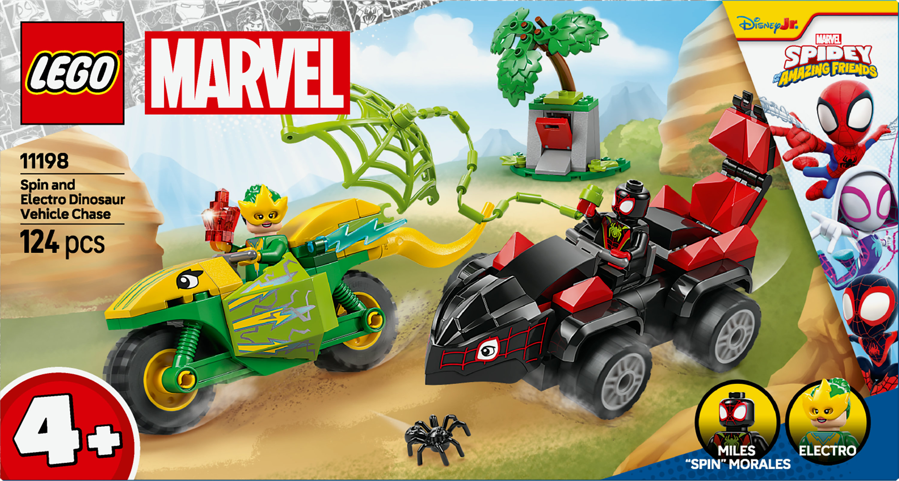 Zestaw Lego: Electro na zielonym pojeździe goni Milesa Moralesa na czarnym pojeździe. Pająk z przodu. Logo mówi Marvel Spidey.