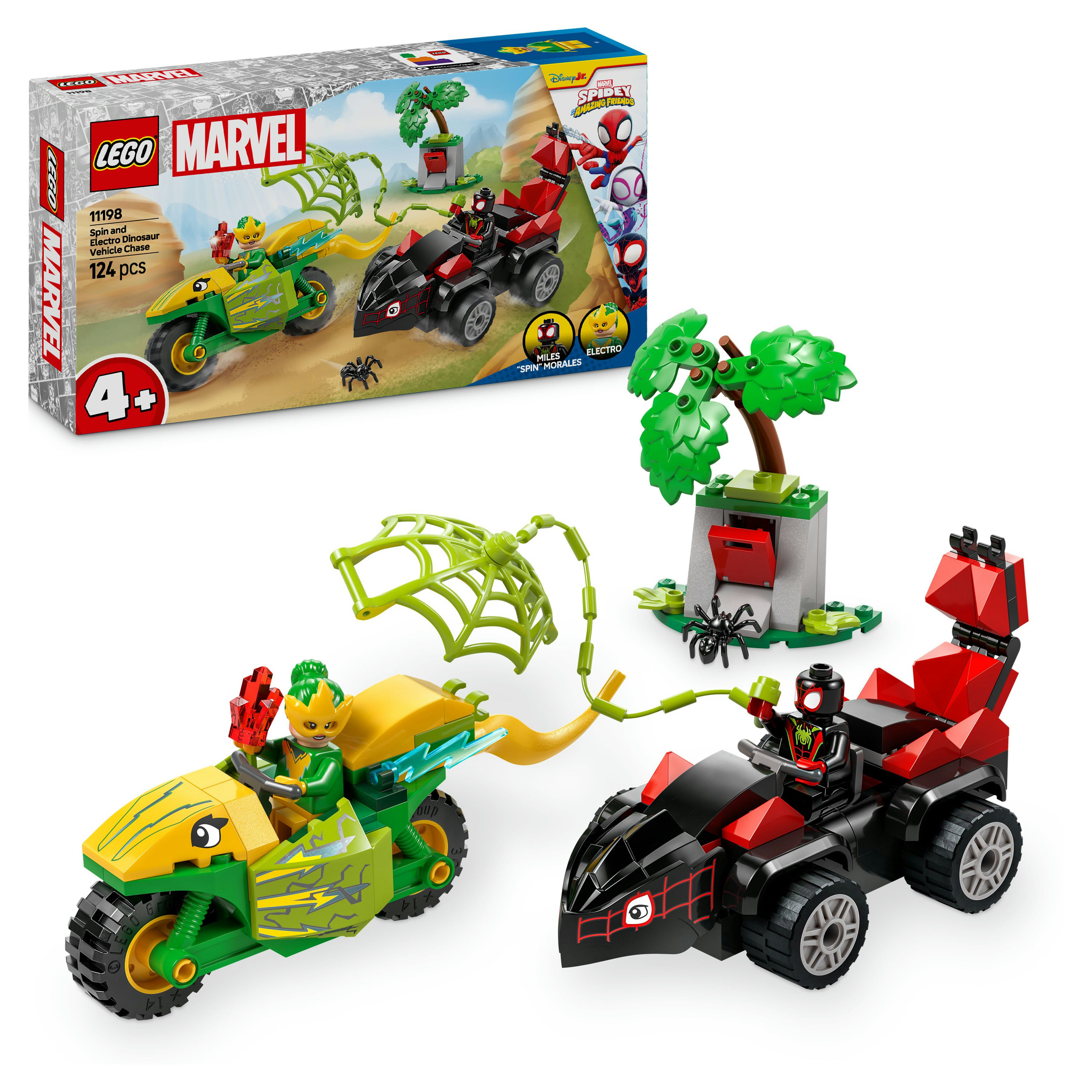 Zestaw Lego z Spidey'em i Electro na pojazdach. Zawiera drzewo, pająka i pudełko z logo Lego Marvel.
